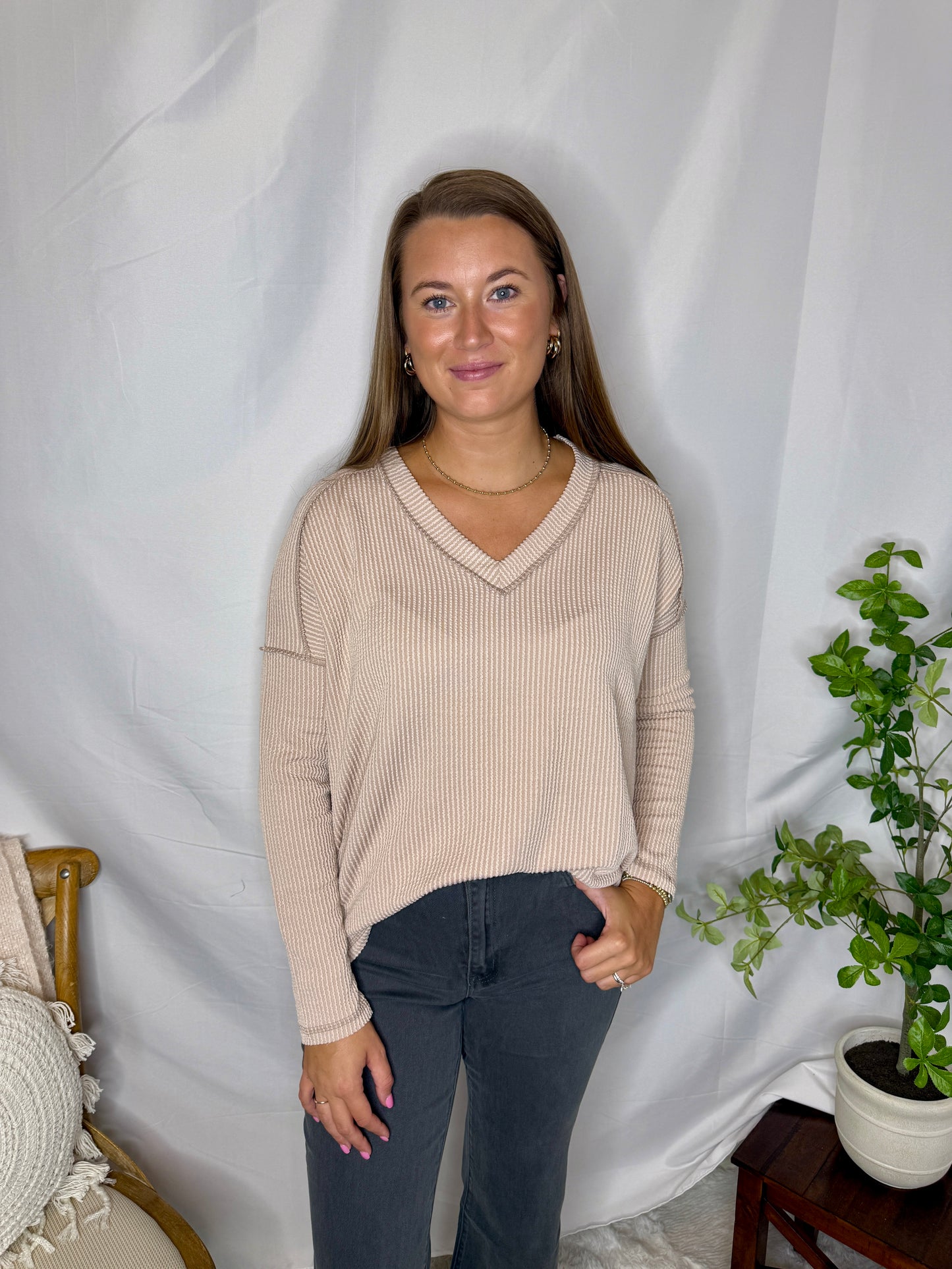 The Olivia Ribbed Long Sleeve V-neck Tee