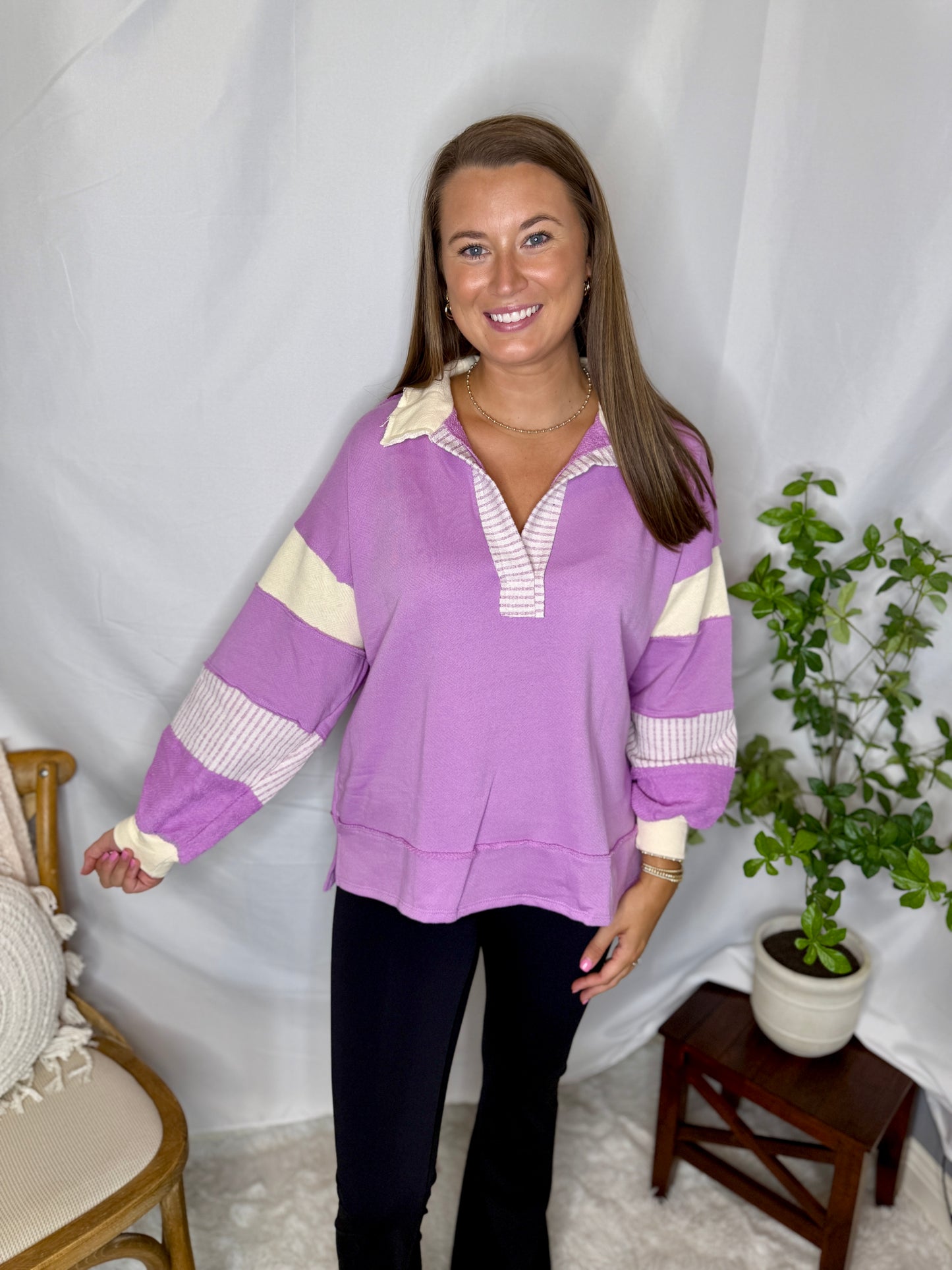 French Terry Knit Color-block Collared Loose Fit Top