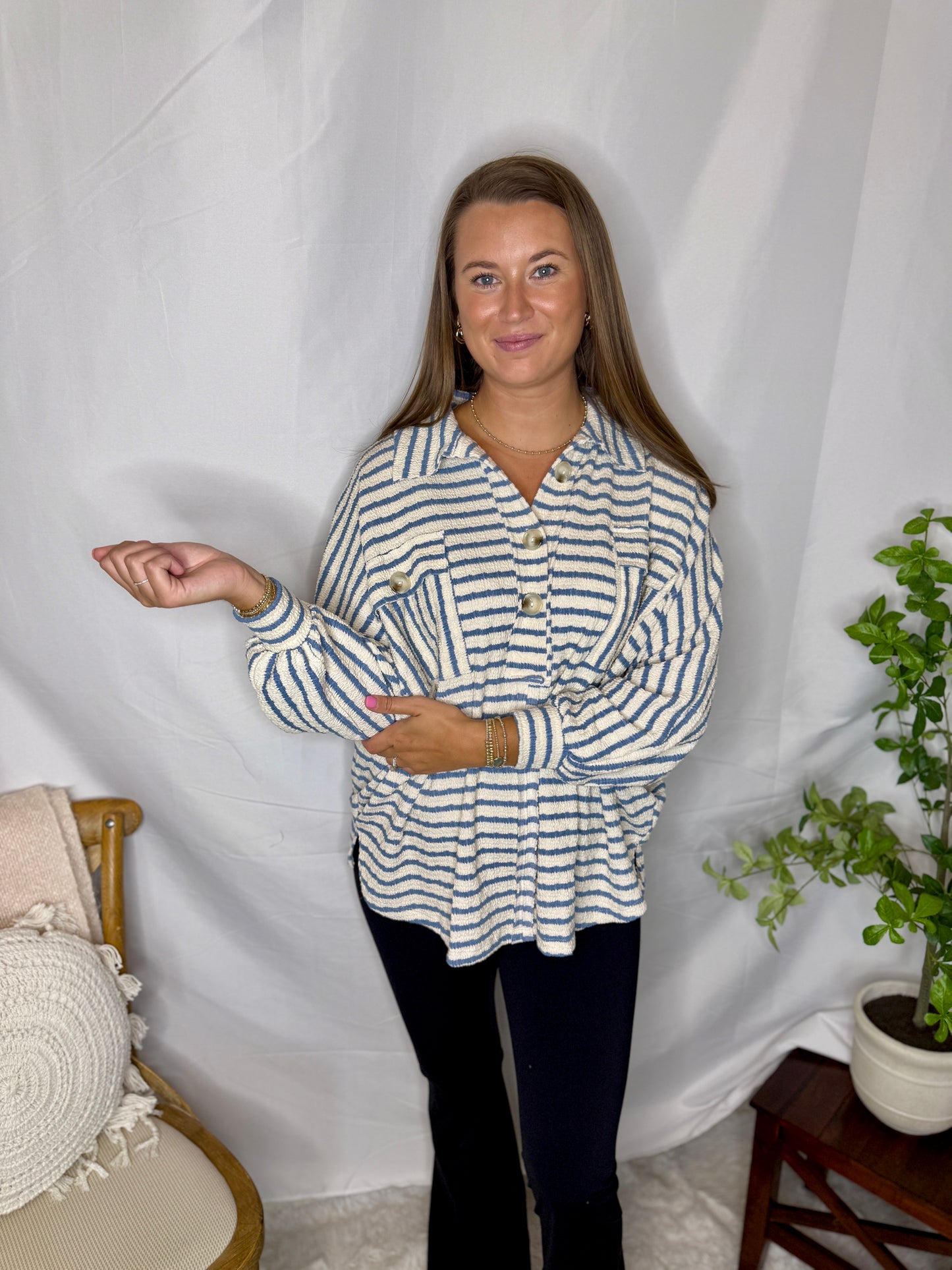 Collared Oversized Button Up Stripe Pullover Top