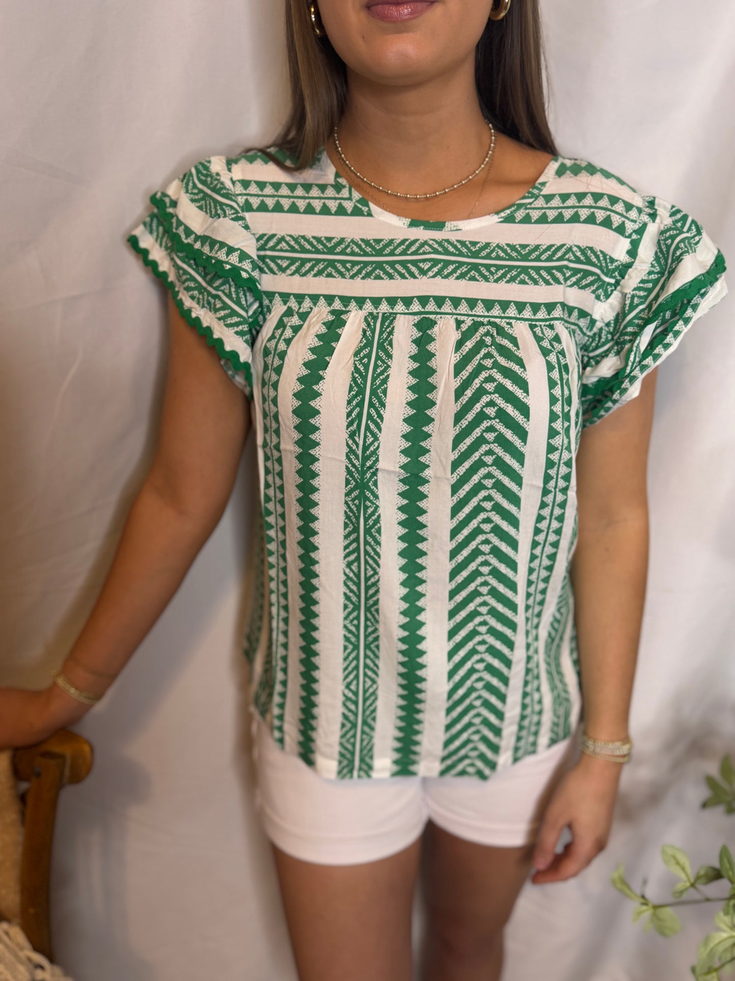 The Green Printed Ruffle Top