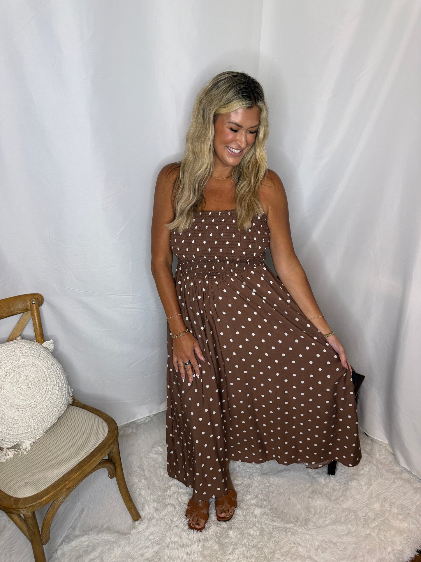 Polka Dot Smocked Waist Midi Dress