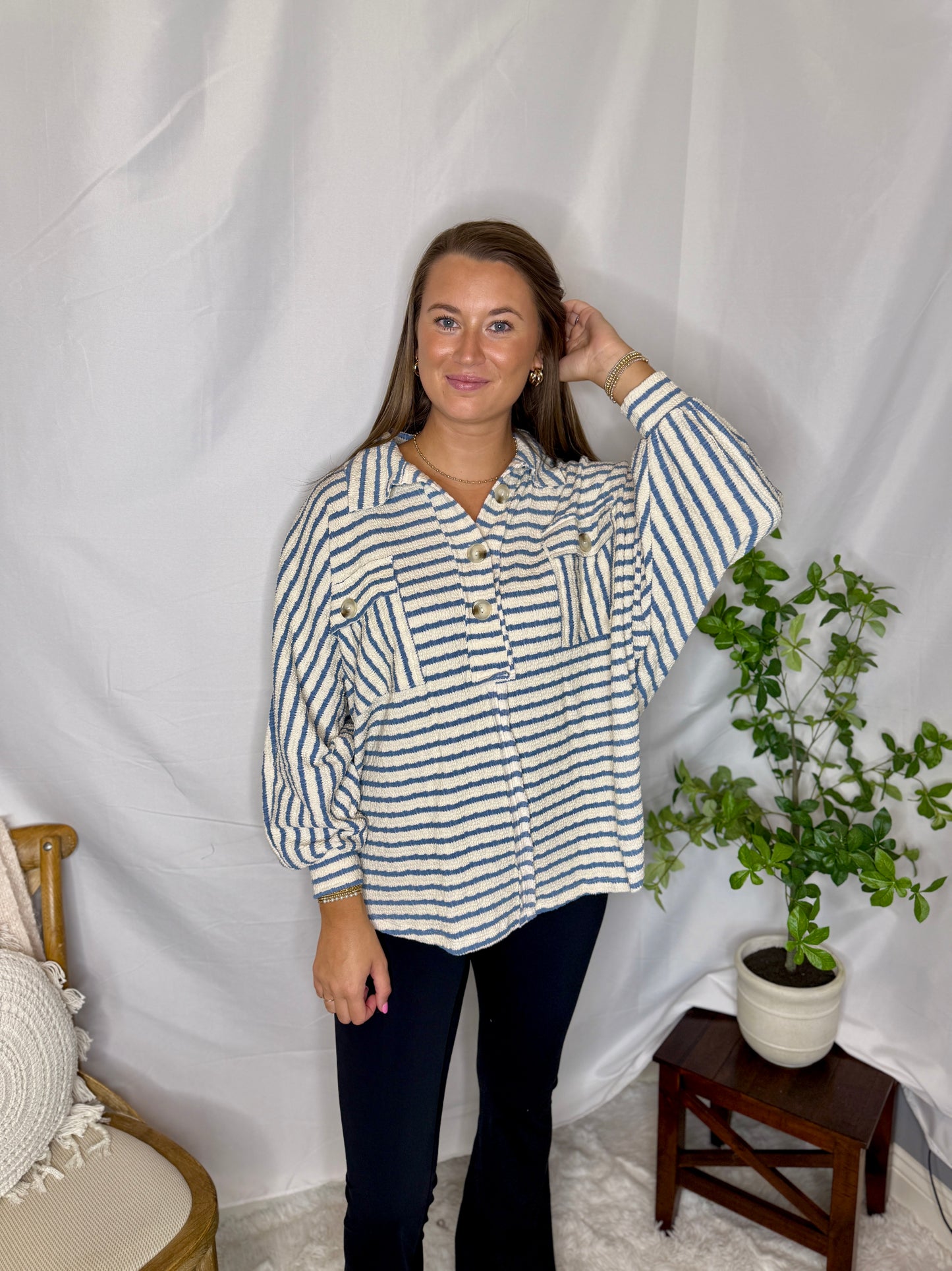 Collared Oversized Button Up Stripe Pullover Top