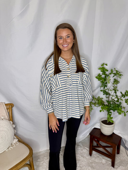 Collared Oversized Button Up Stripe Pullover Top