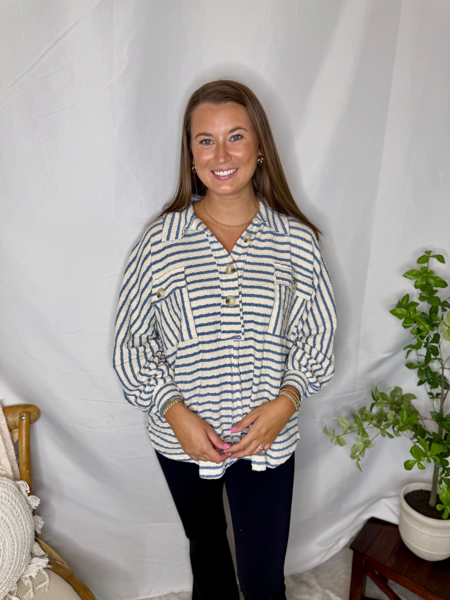 Collared Oversized Button Up Stripe Pullover Top