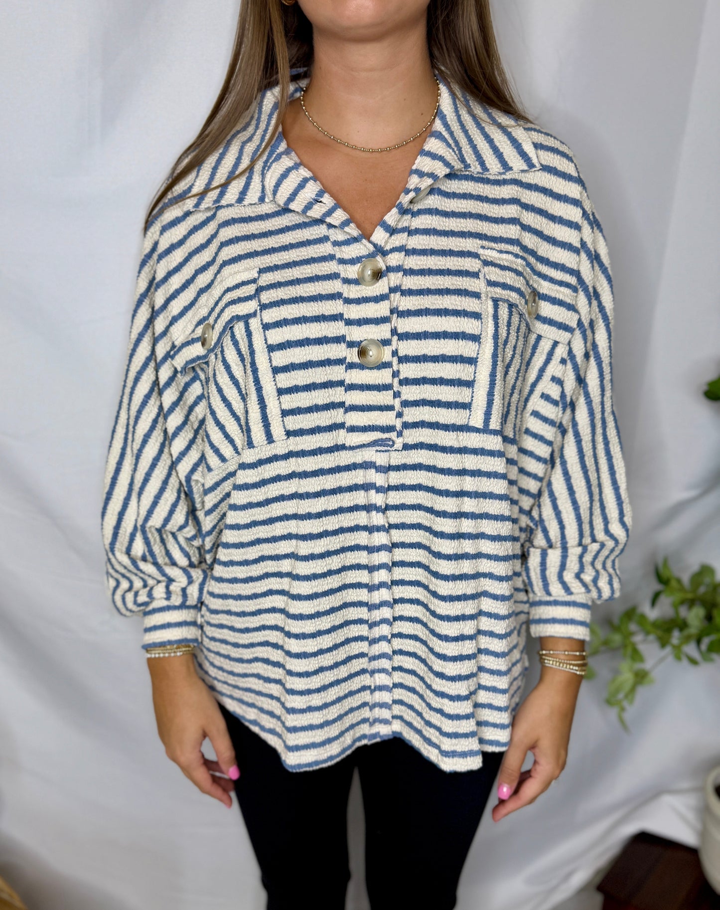Collared Oversized Button Up Stripe Pullover Top
