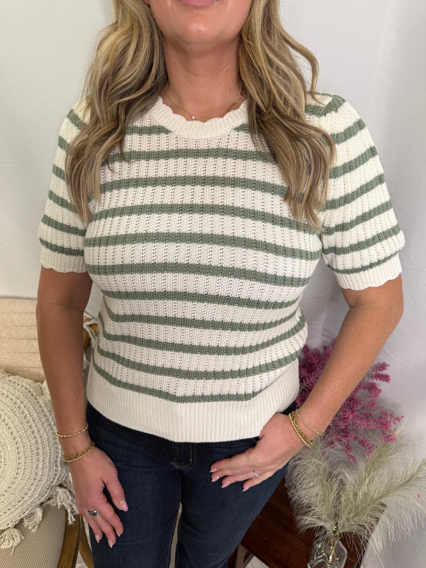 Striped Scalloped Puff Sleeve Knit Top