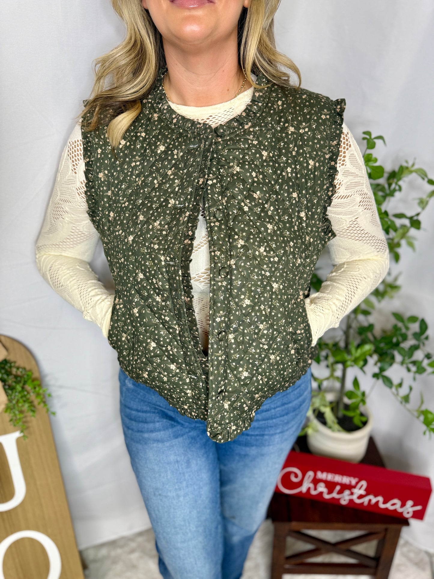 Ditsy Print Ruffle Quilting Vest