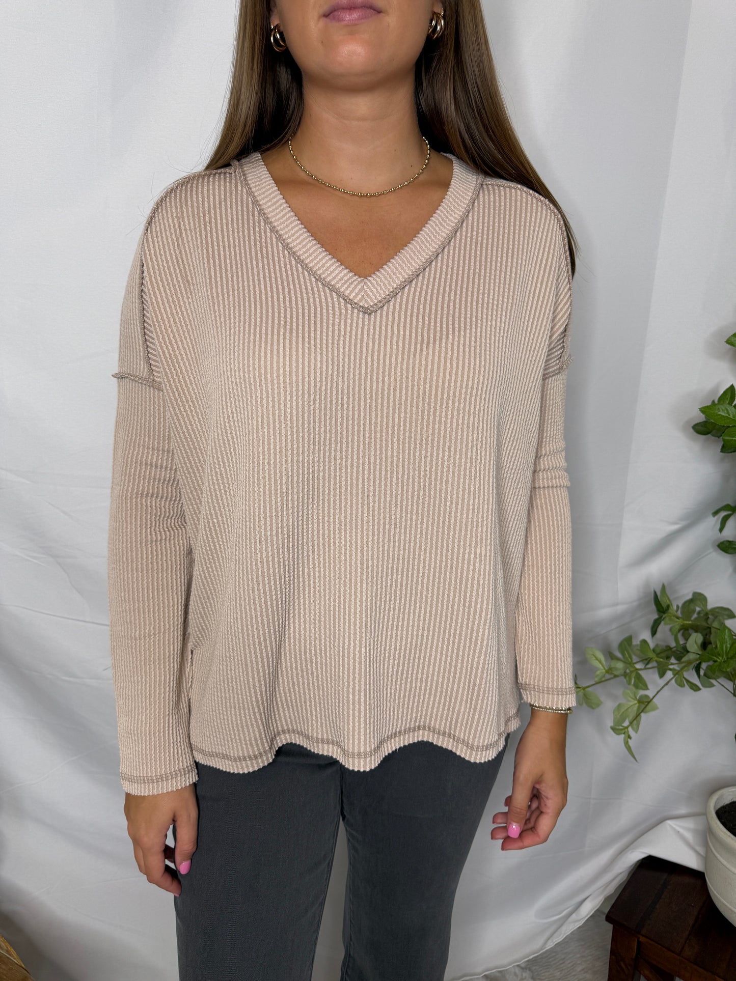 The Olivia Ribbed Long Sleeve V-neck Tee