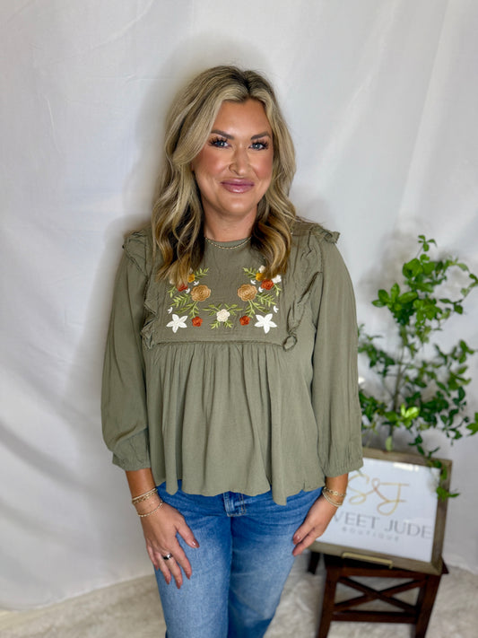 Embroidered Ruffle Floral Blouse
