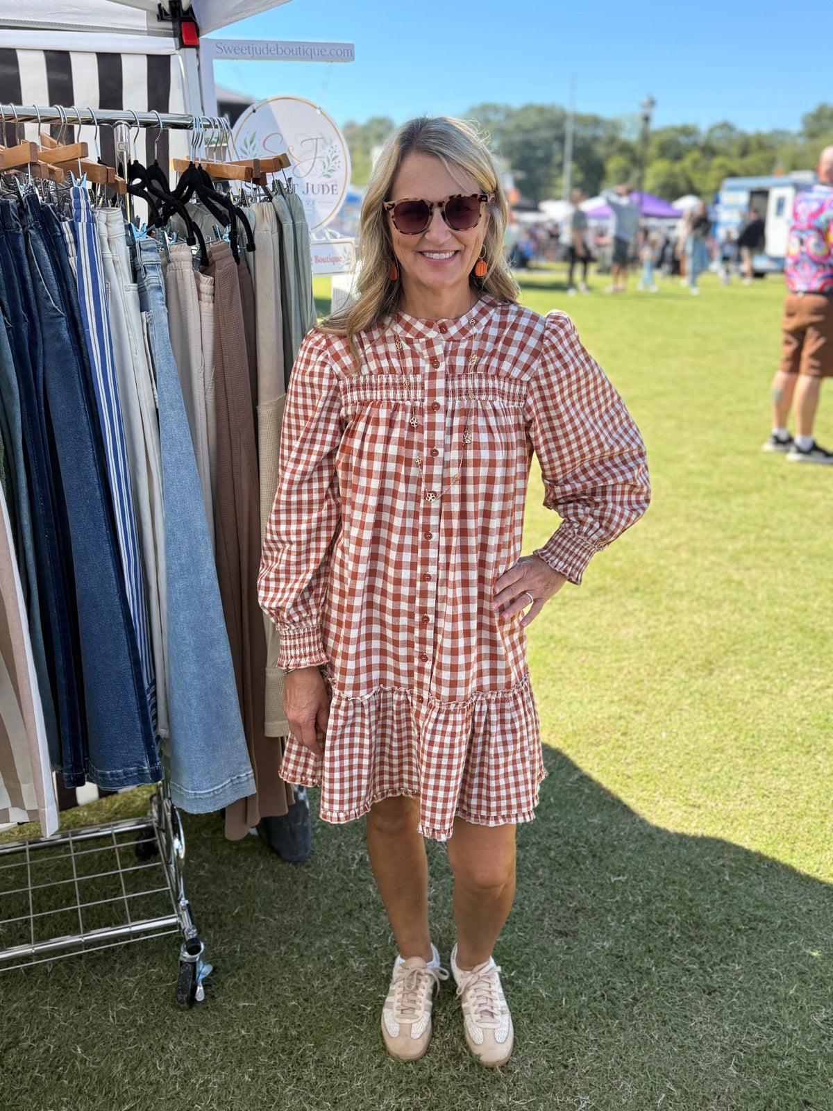 GINGHAM SMOCKED RUFFLE HEM MINI DRESS