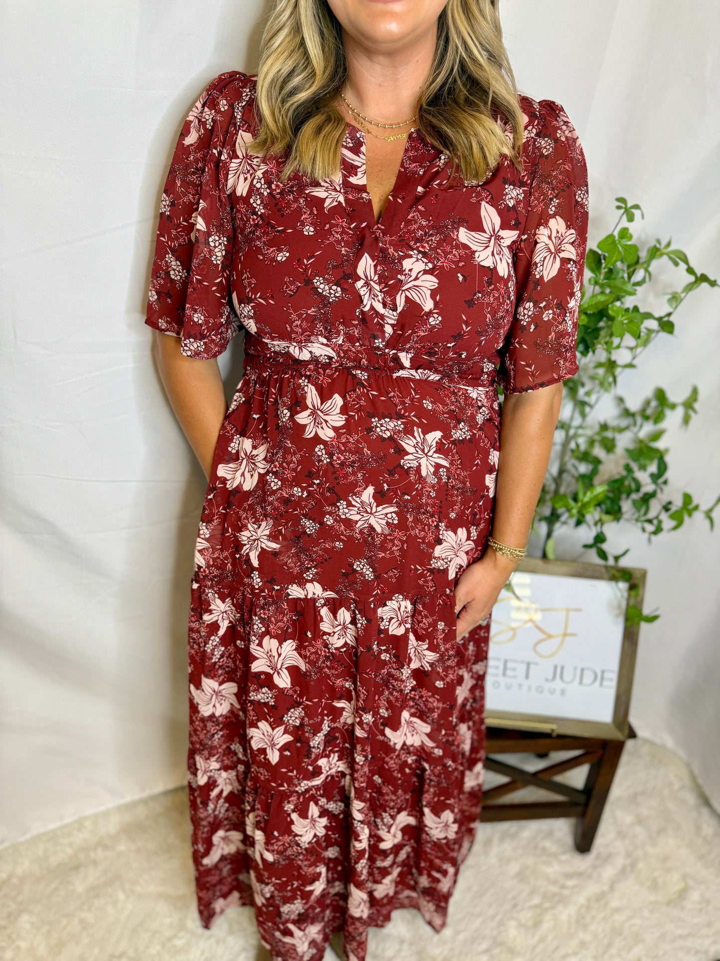 Crimson Bloom Smocked Midi Dress