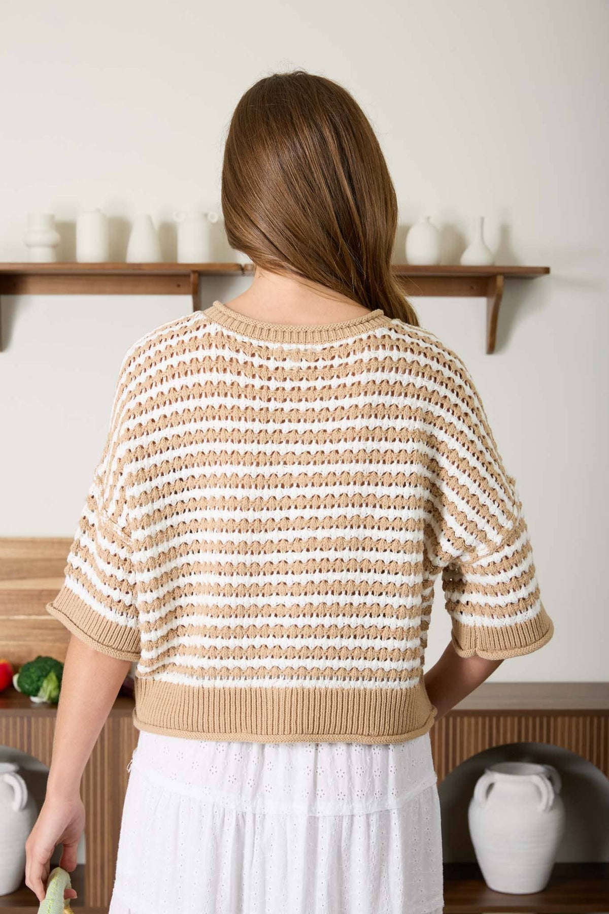 STRIPE SHORT SLEEVE CROCHET KNIT CARDIGAN