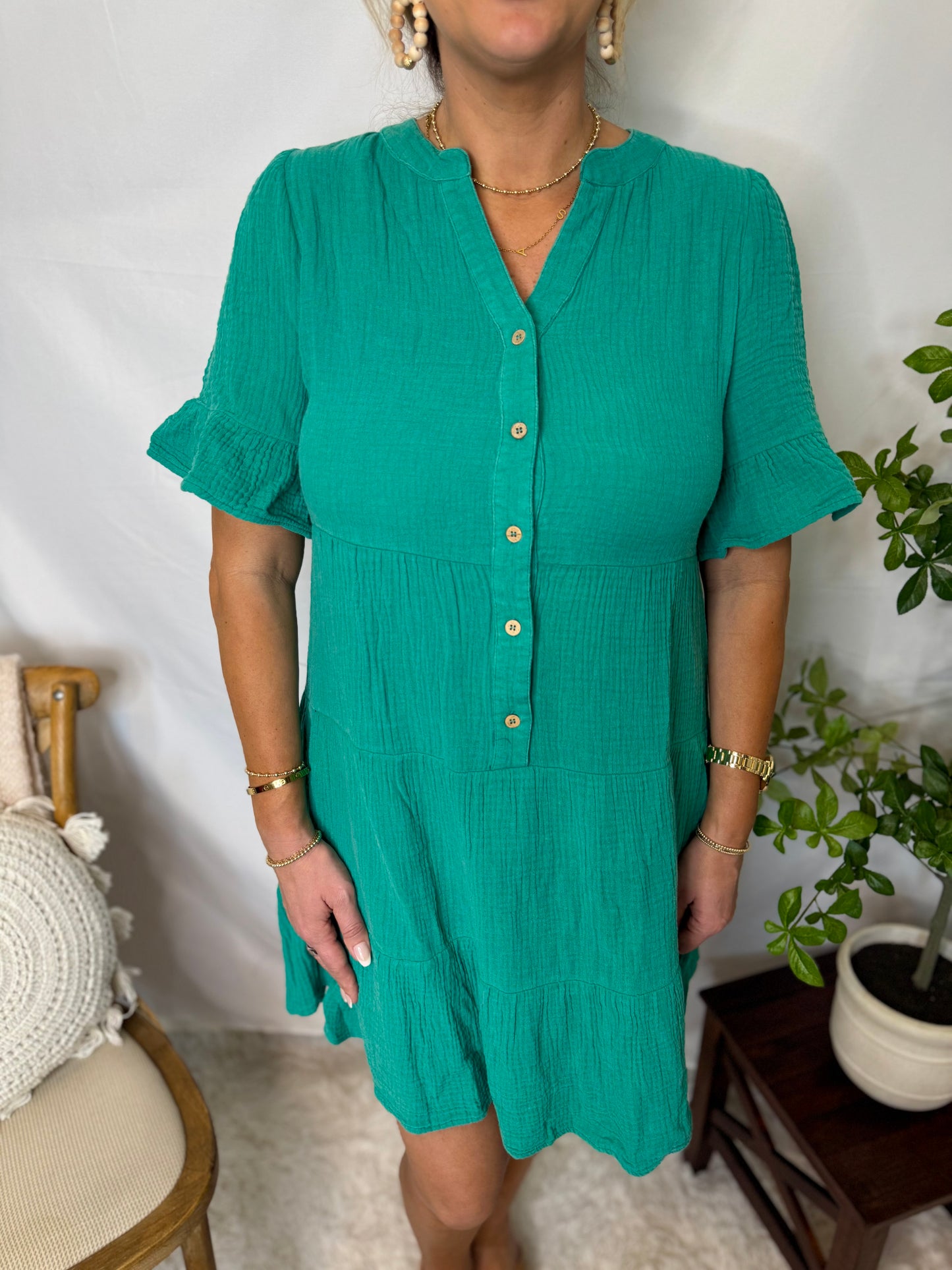 The Mineral Washed Baby Bell Sleeve Woven Mini Dress