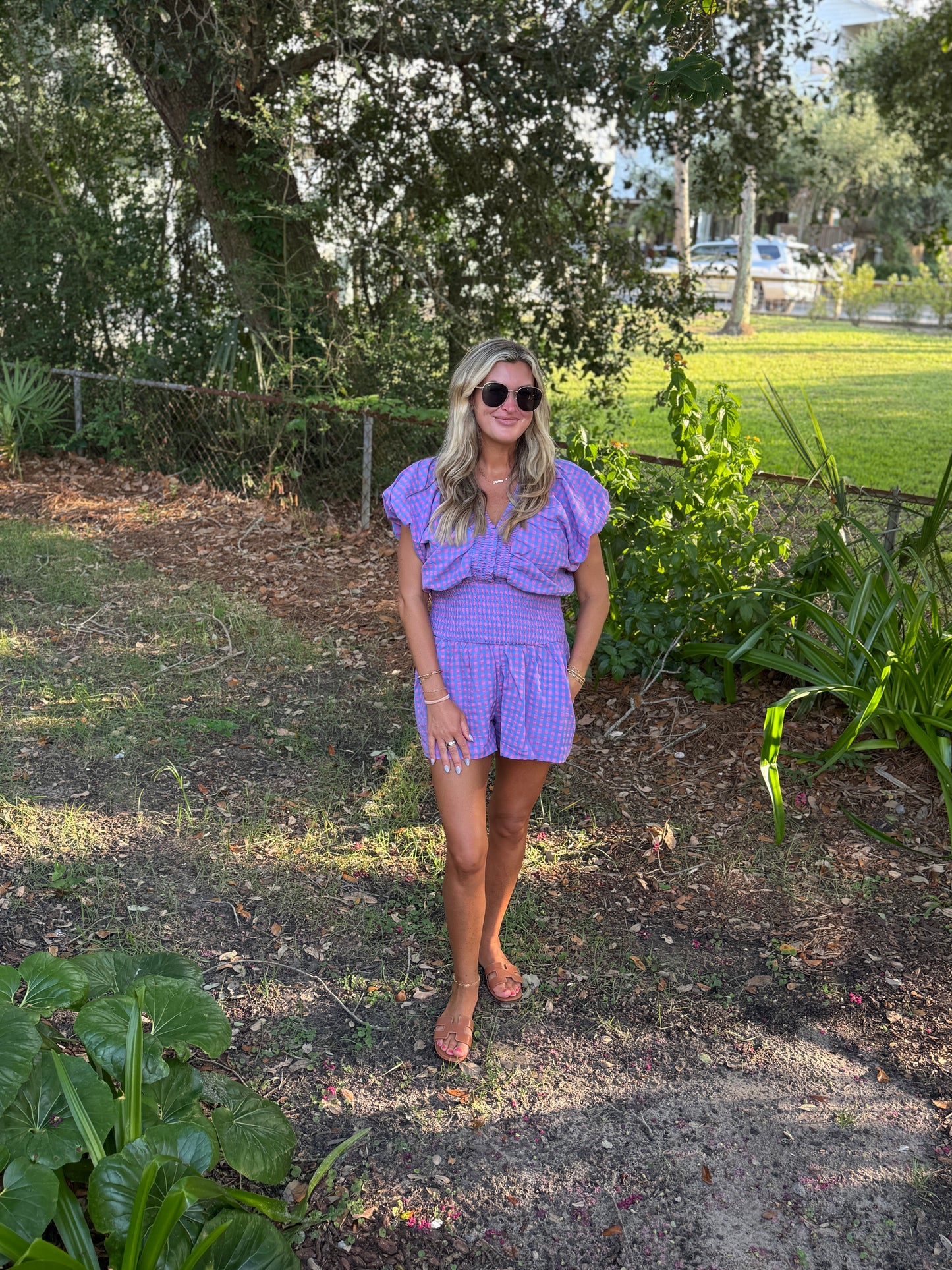 Ruffled Detail Gingham Smocked Waist Romper