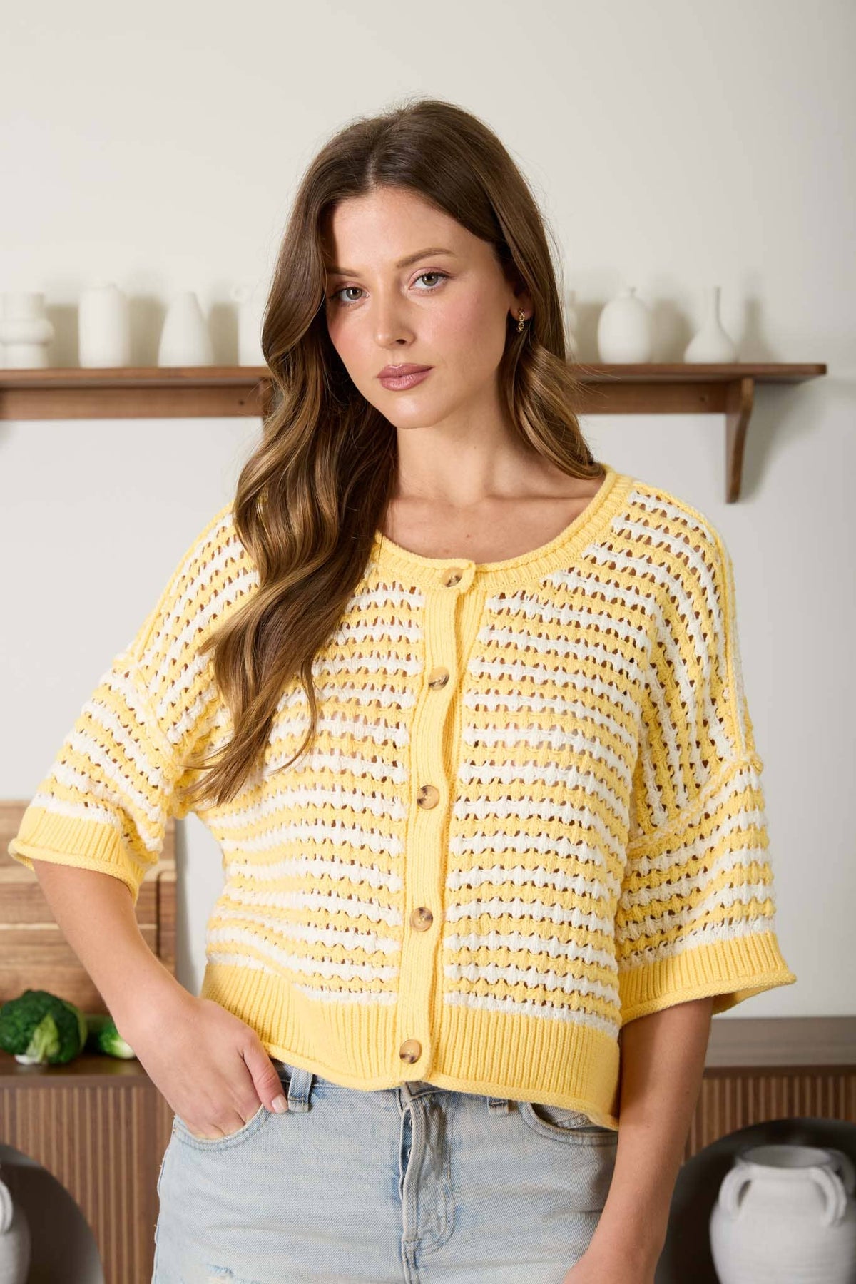 STRIPE SHORT SLEEVE CROCHET KNIT CARDIGAN