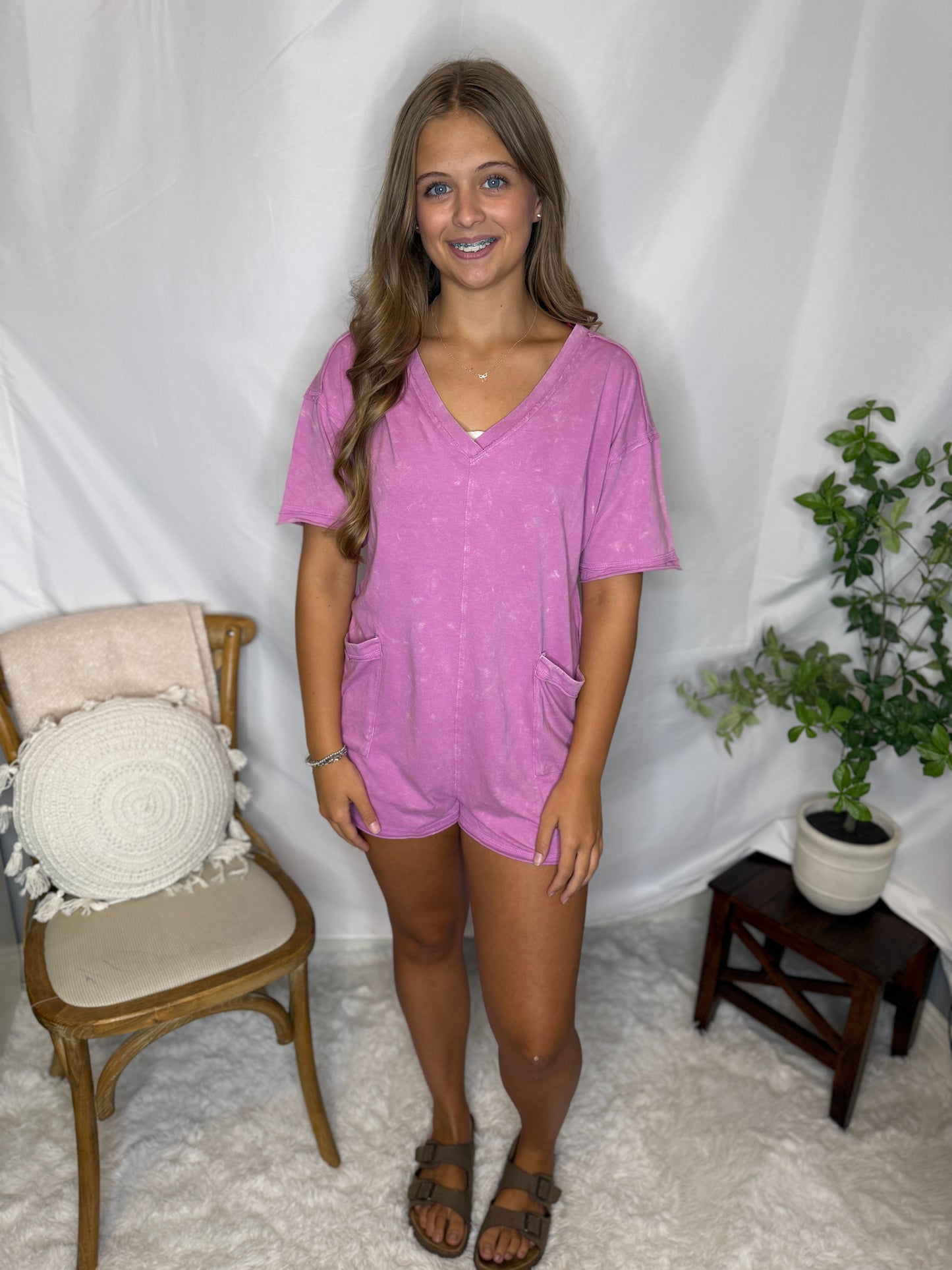 Mineral Washed Oversized Casual Knit Romper