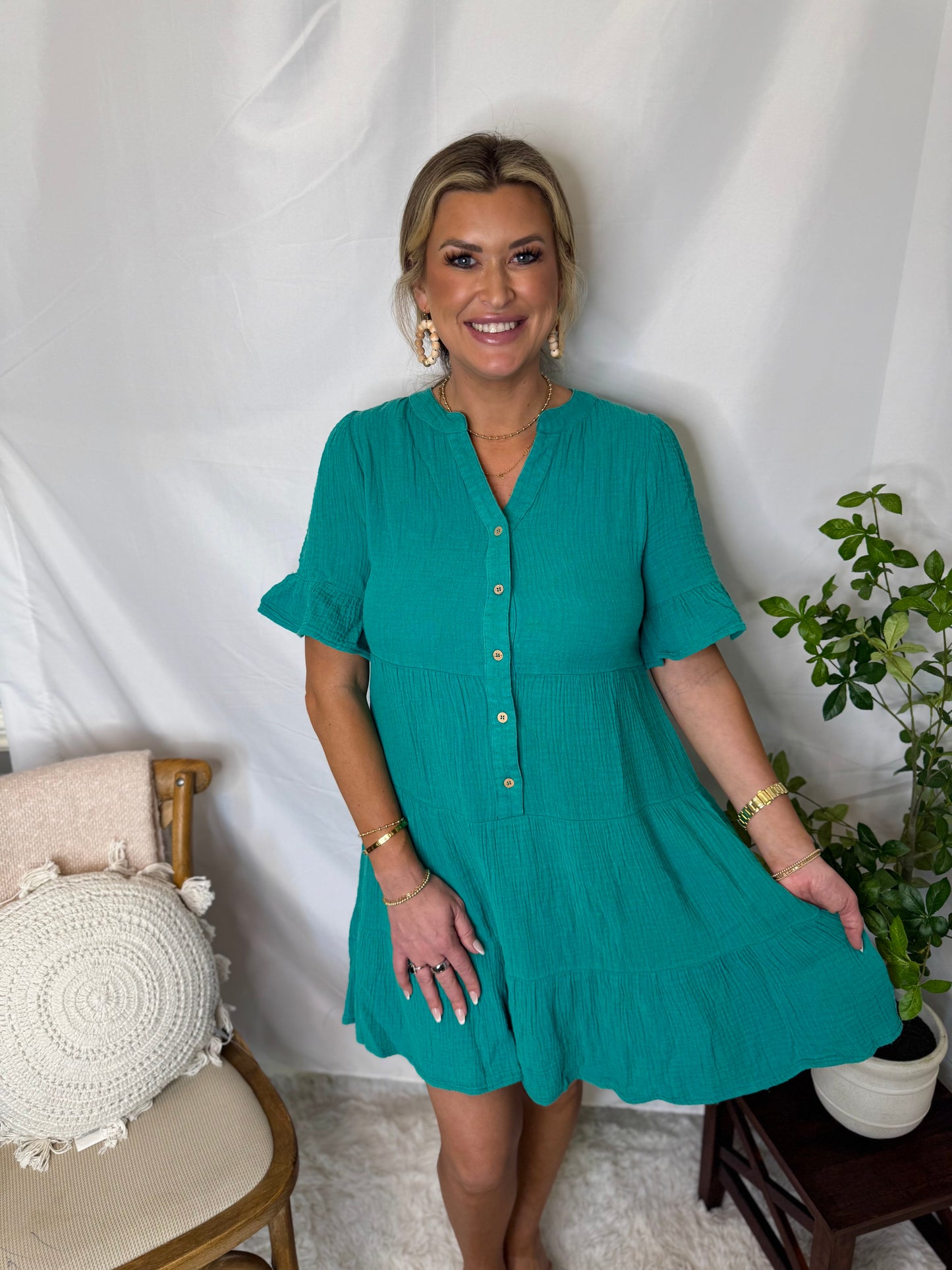 The Mineral Washed Baby Bell Sleeve Woven Mini Dress