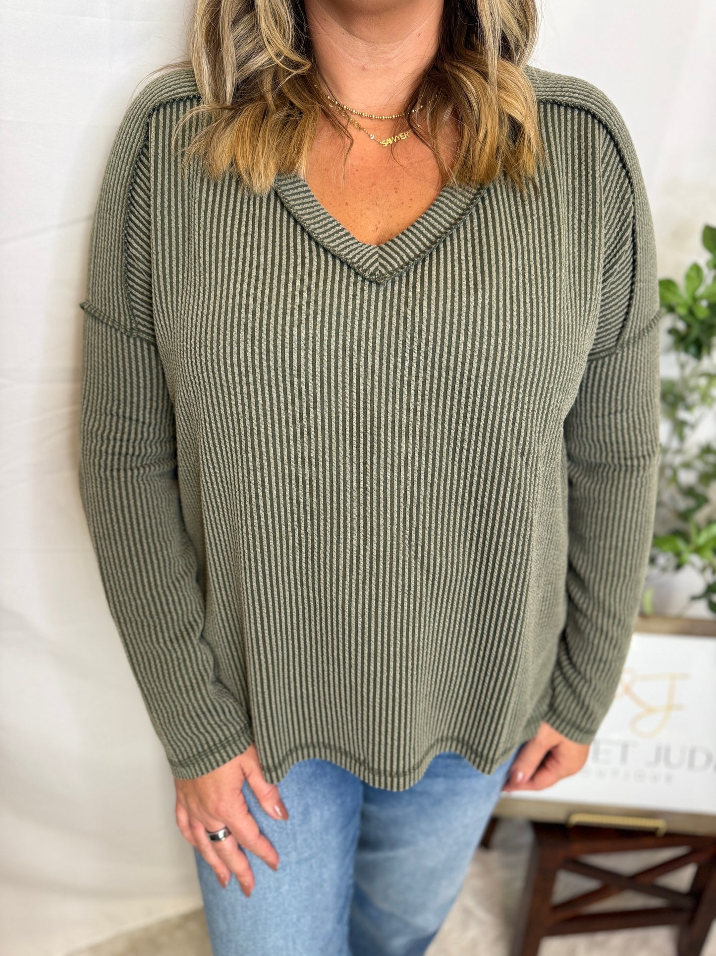 The Olivia Ribbed Long Sleeve V-neck Tee