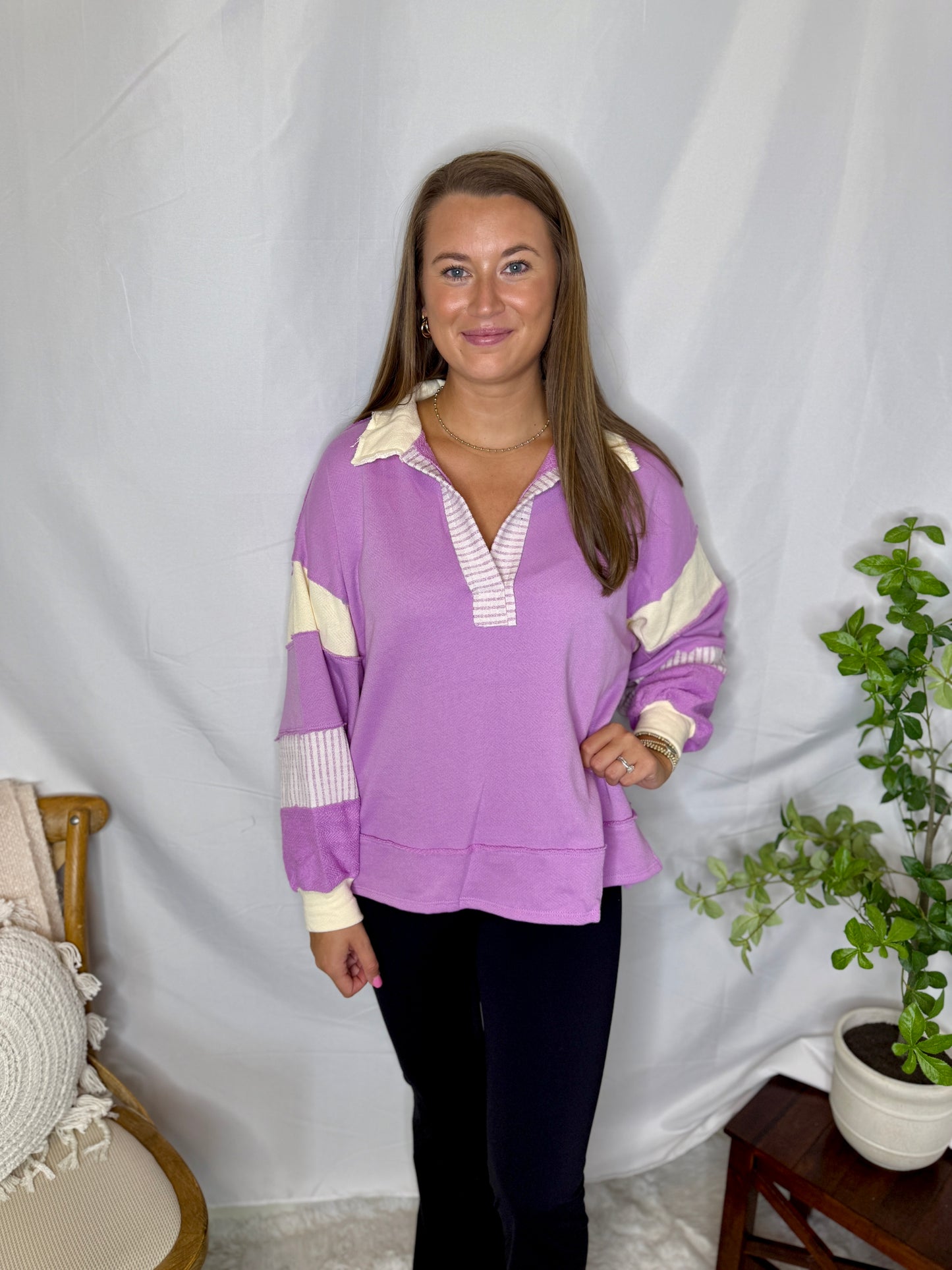 French Terry Knit Color-block Collared Loose Fit Top
