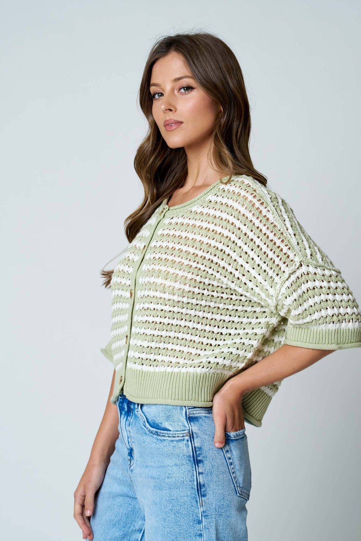 STRIPE SHORT SLEEVE CROCHET KNIT CARDIGAN