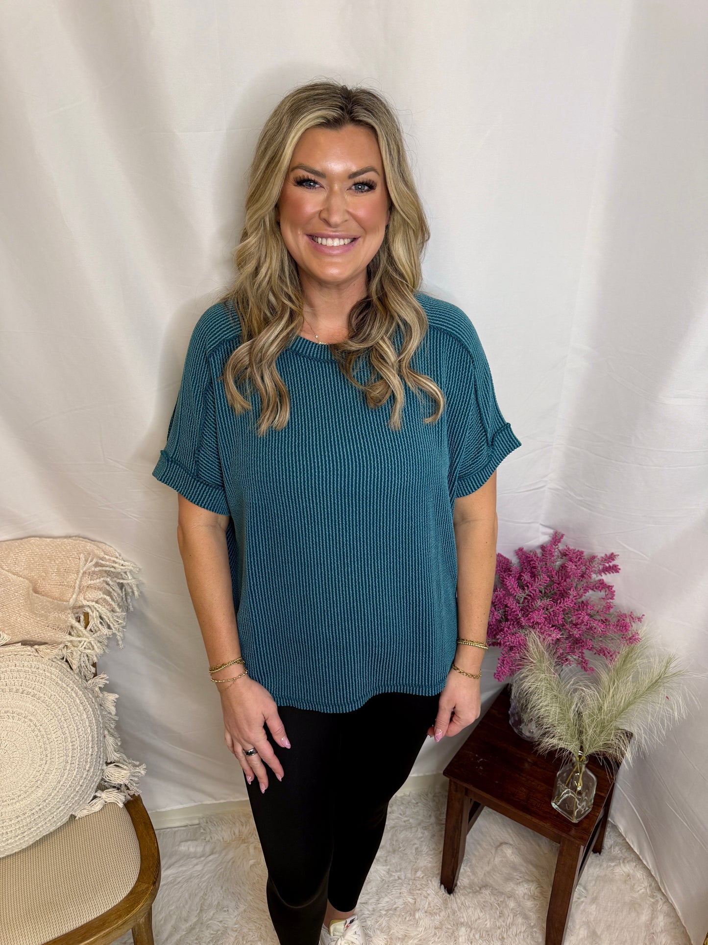 Raised Rib Cuff Sleeve Top