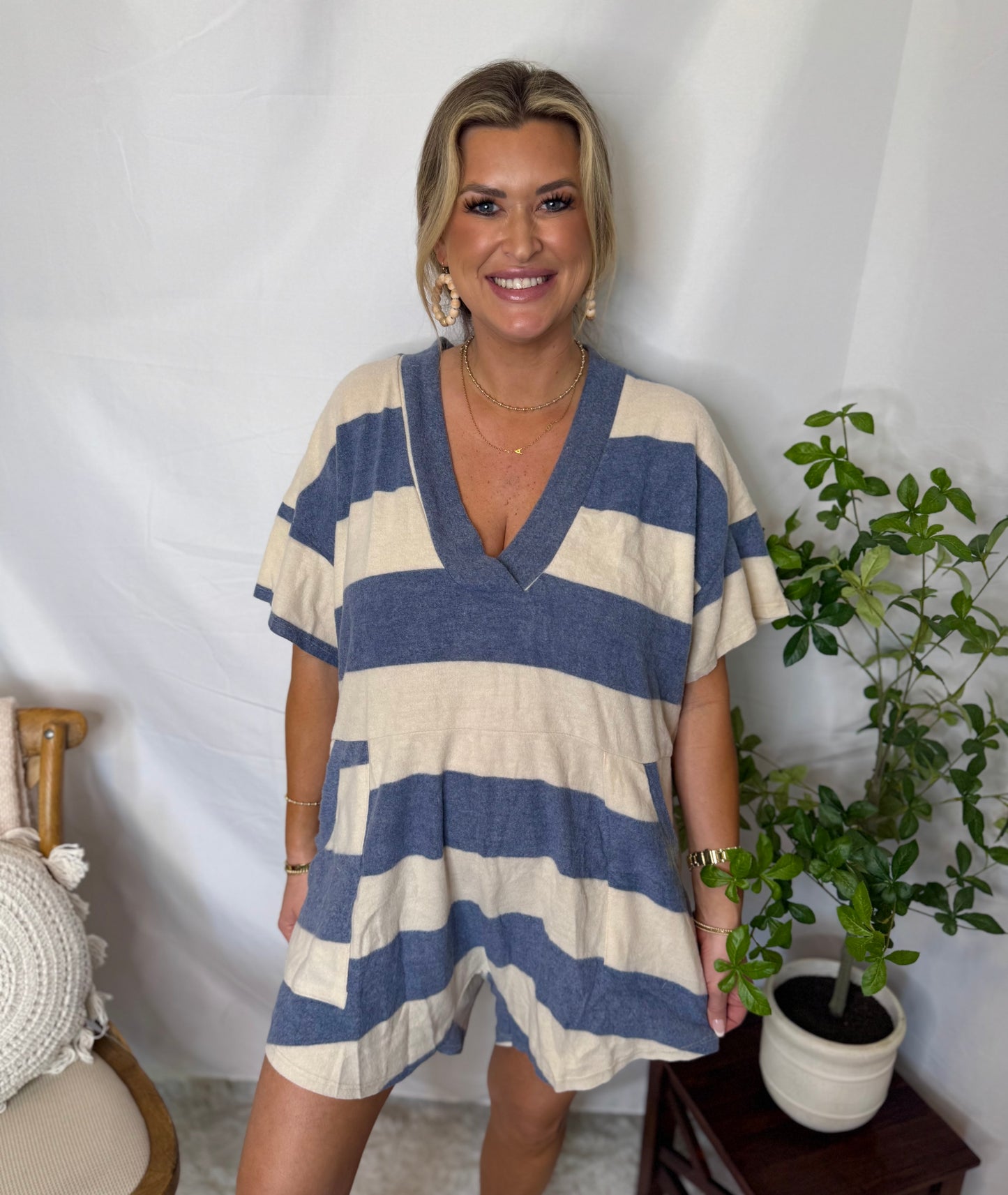 The Oversized V-neck Stripe Romper