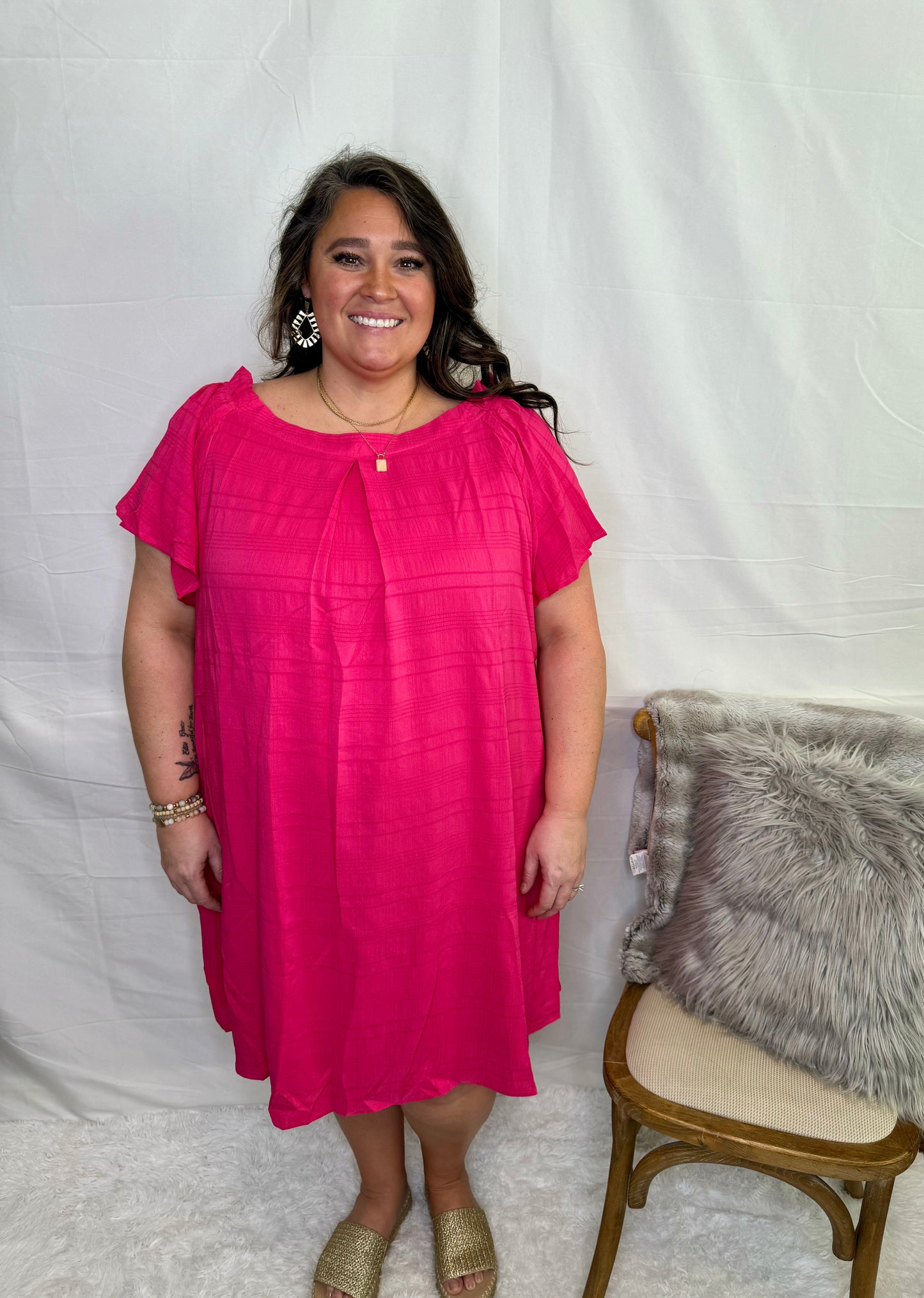 The Off the Shoulder Pleated Dress - Plus Size- Fuschia