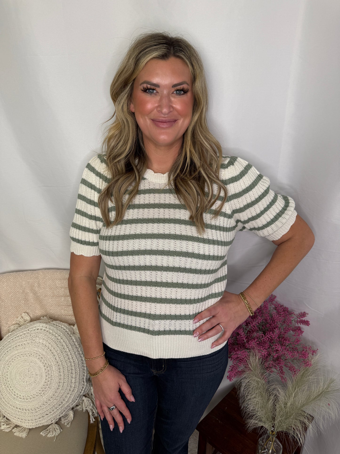 Striped Scalloped Puff Sleeve Knit Top