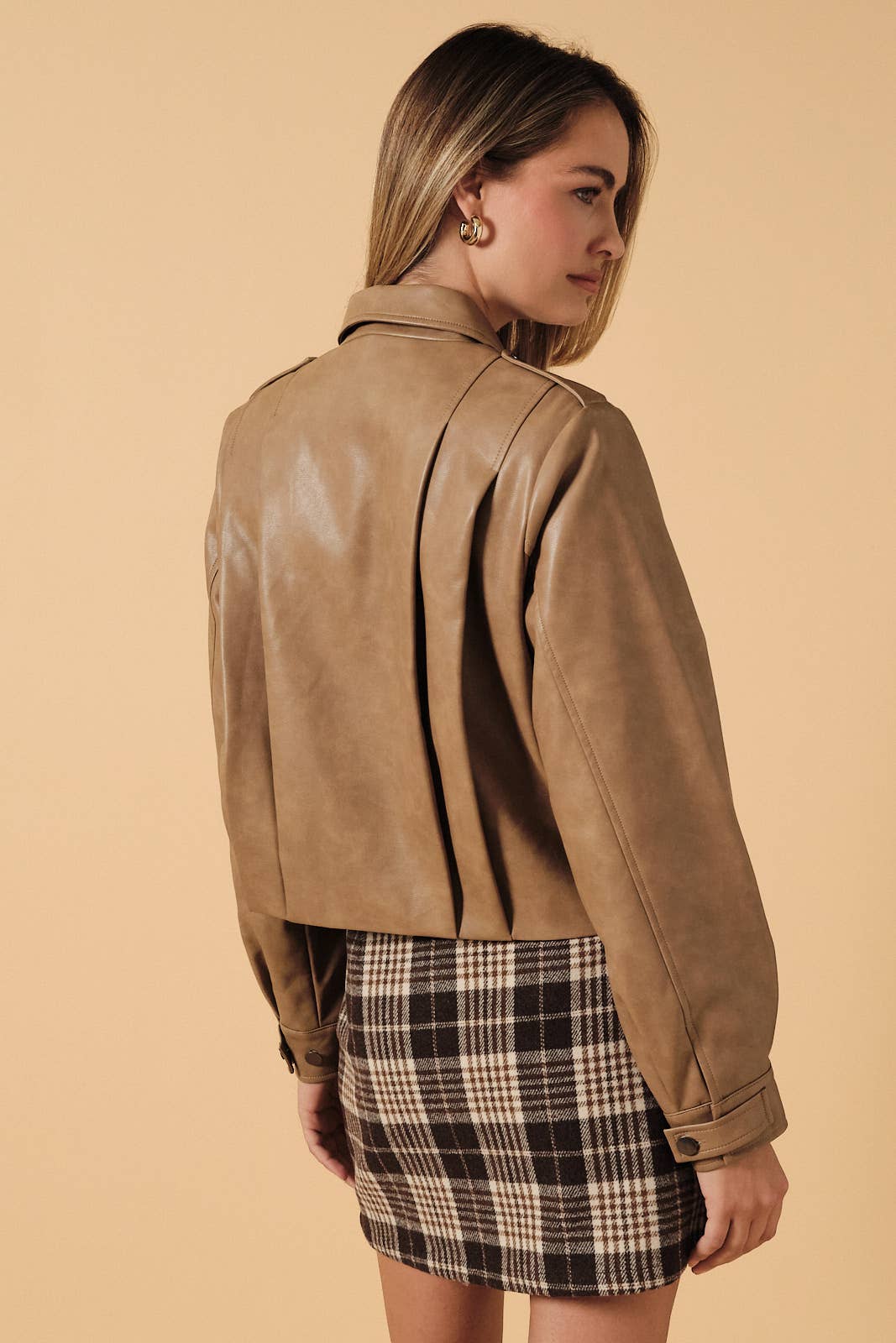 Pleated Leather Cropped Jacket