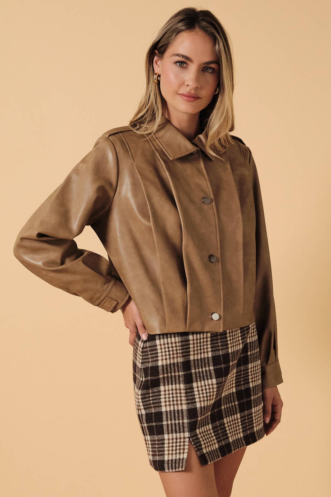 Pleated Leather Cropped Jacket