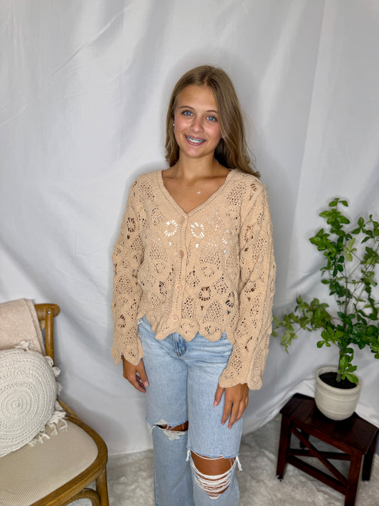 Long sleeve V-neck knit crochet cardigan