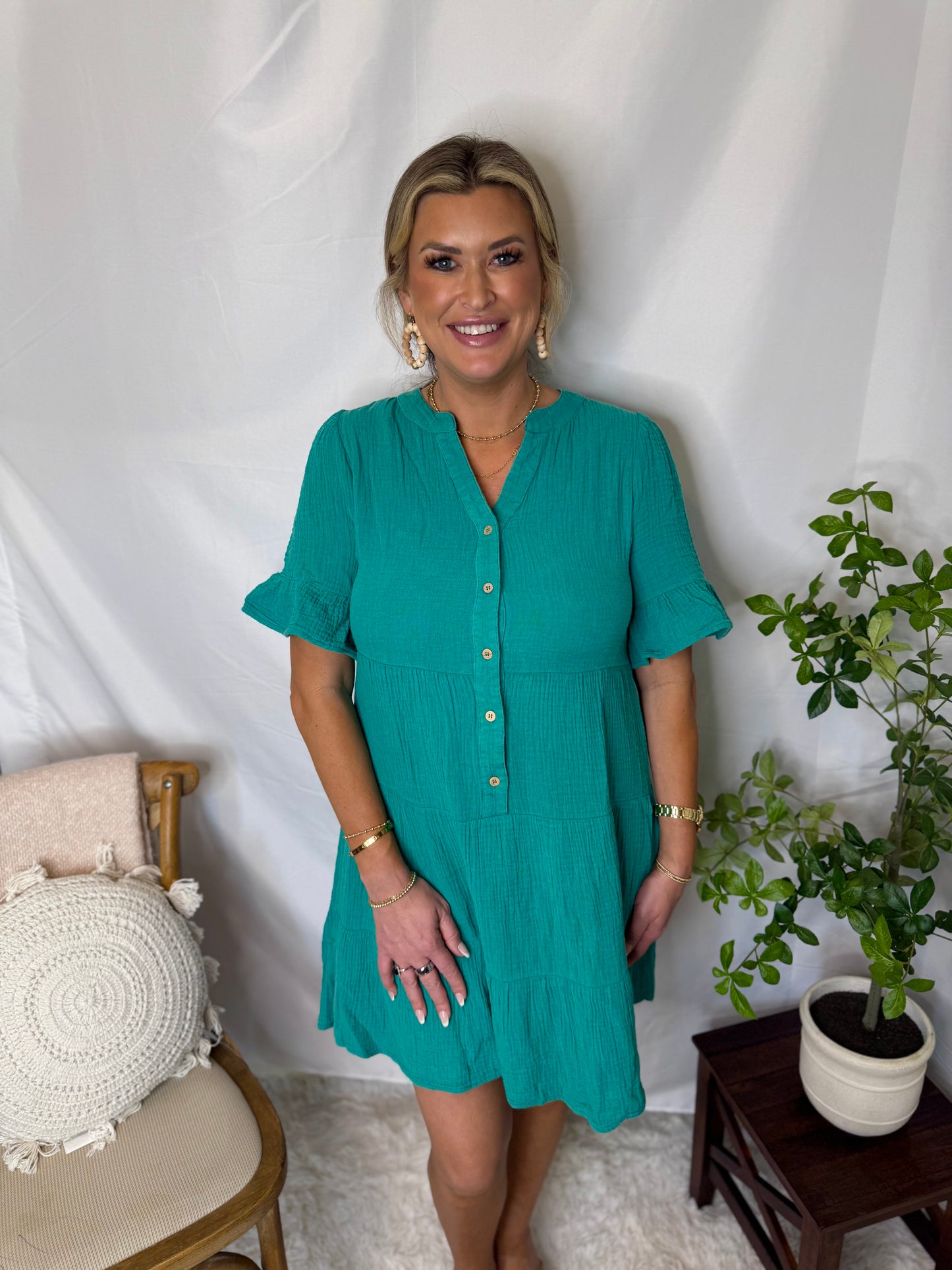 The Mineral Washed Baby Bell Sleeve Woven Mini Dress