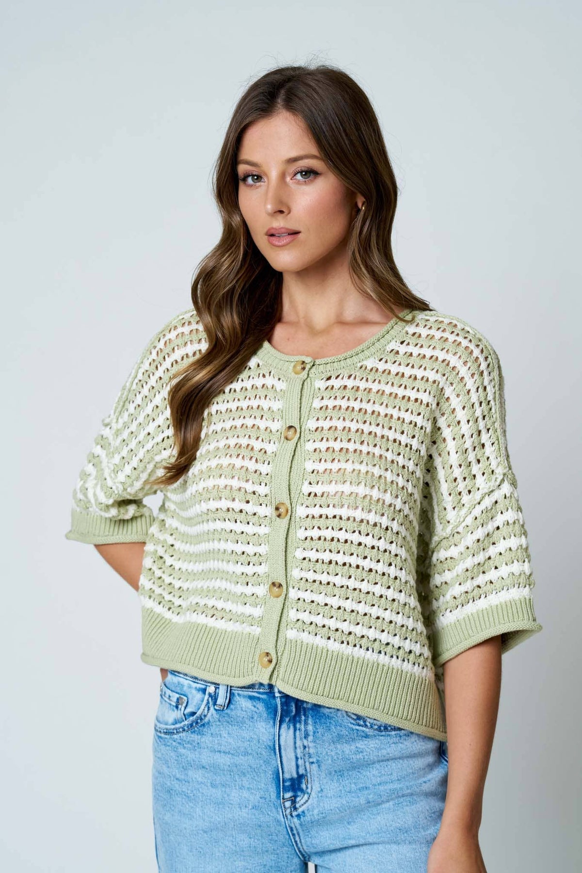 STRIPE SHORT SLEEVE CROCHET KNIT CARDIGAN