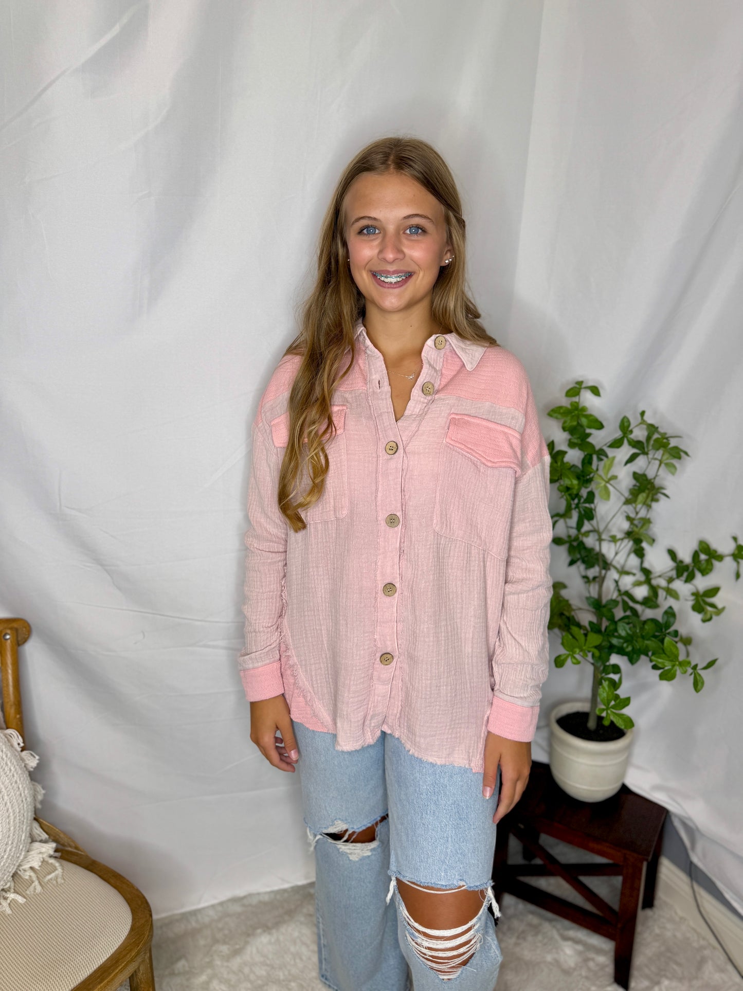 Mineral Washed Oversized Gauze Shacket Jacket