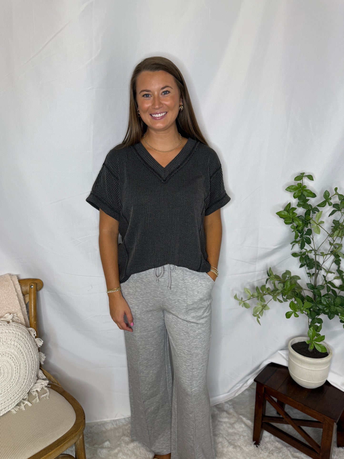Two Tone Casual Comfy Ribbed Knit Top