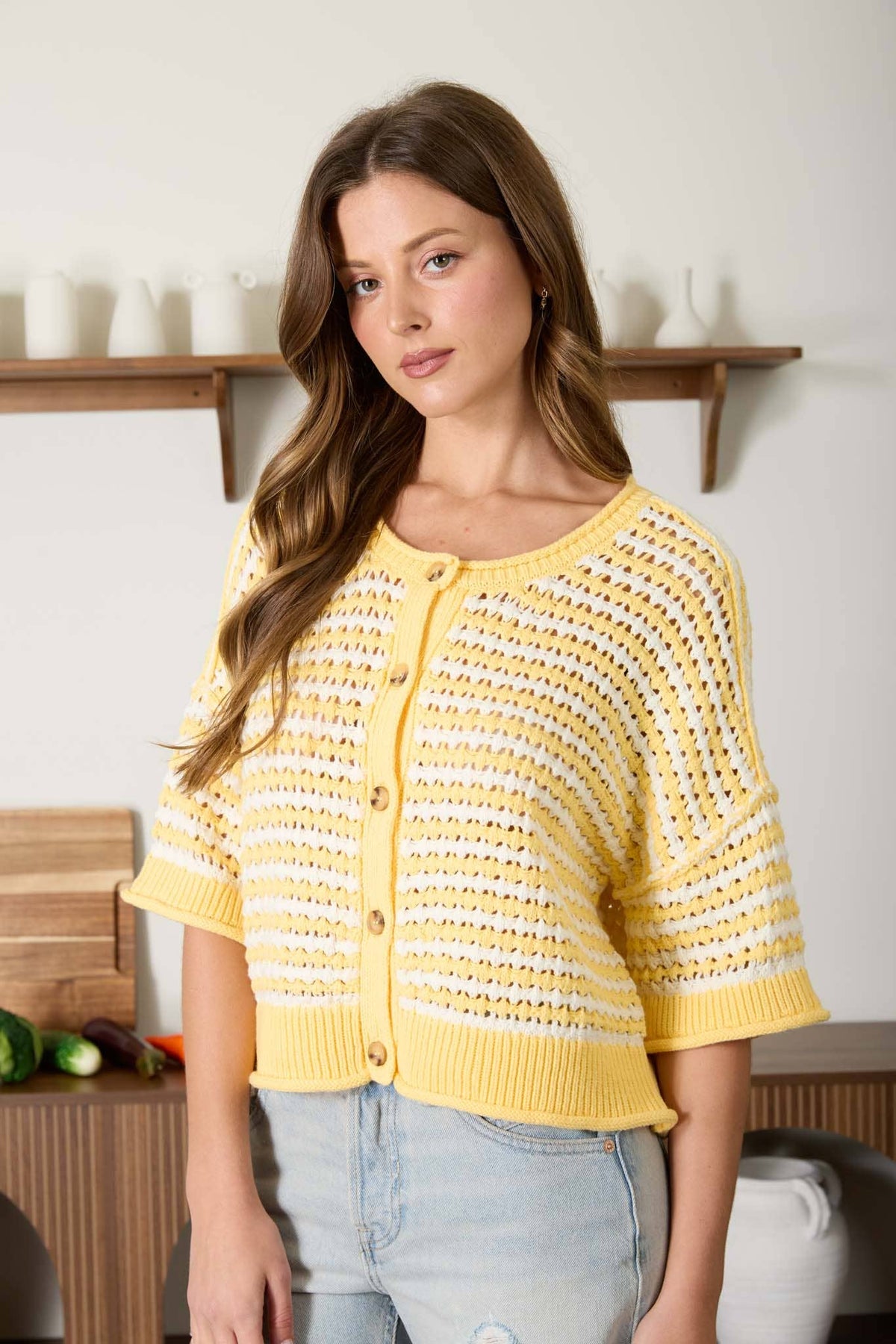 STRIPE SHORT SLEEVE CROCHET KNIT CARDIGAN