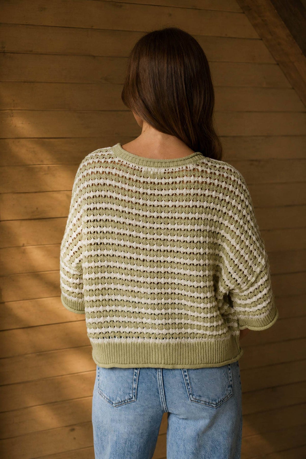 STRIPE SHORT SLEEVE CROCHET KNIT CARDIGAN