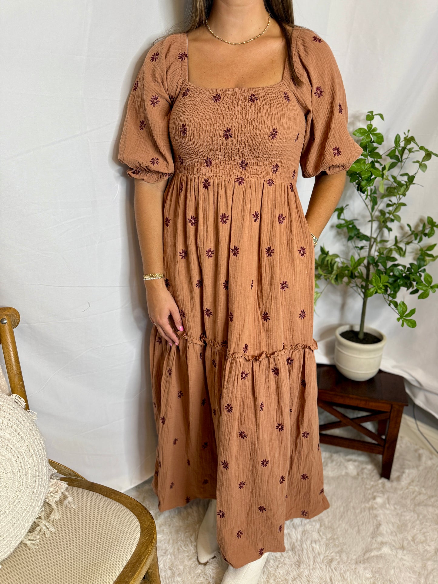 Floral Embroidered Tiered Maxi Dress