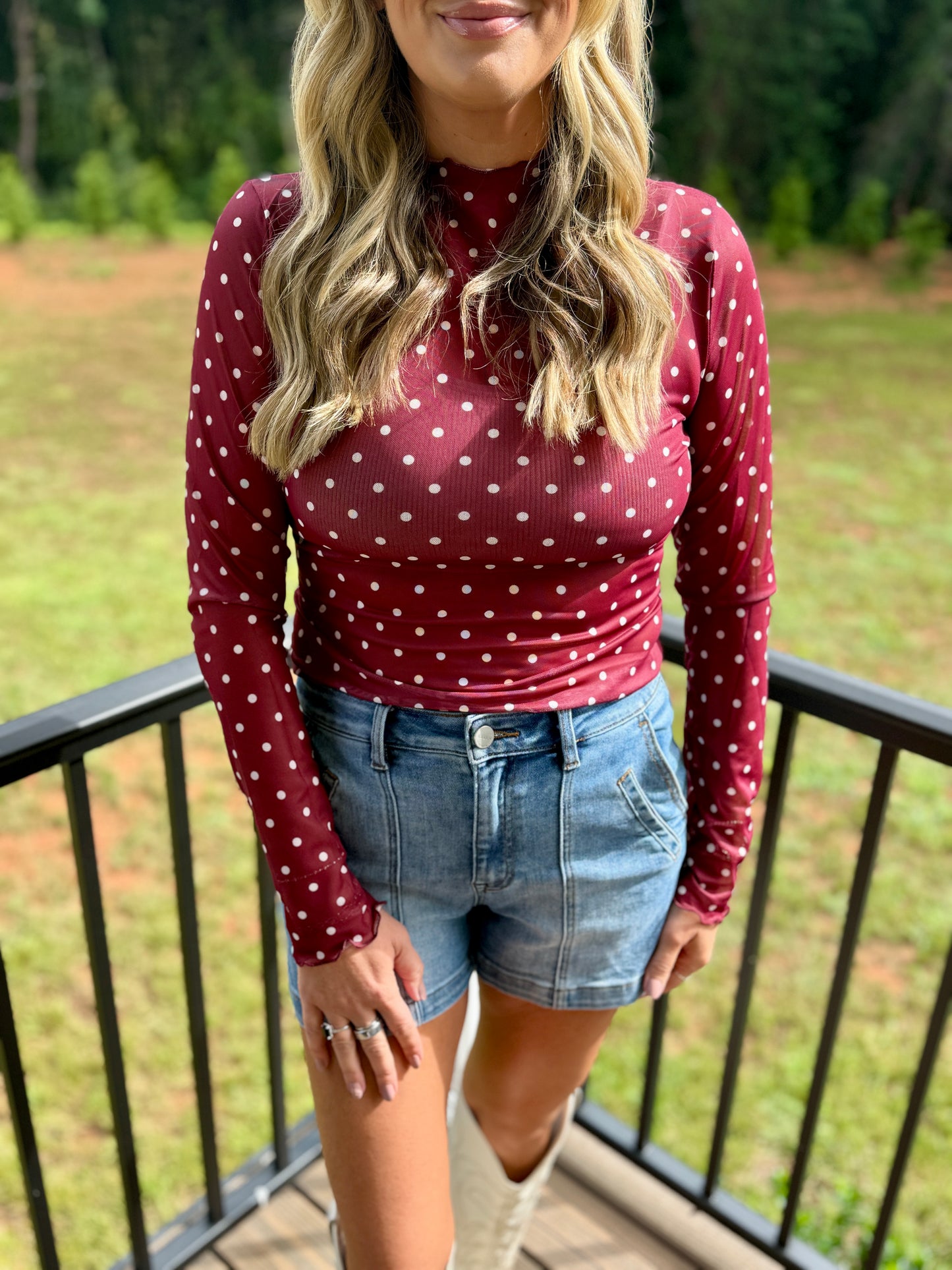 Polka Dot Mesh Long Sleeve Top