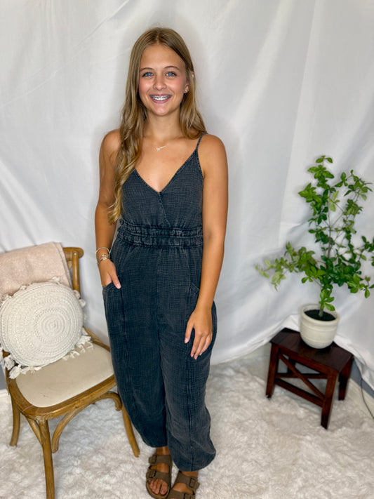 Mineral Washed Cotton Gauze Casual Jumpsuit
