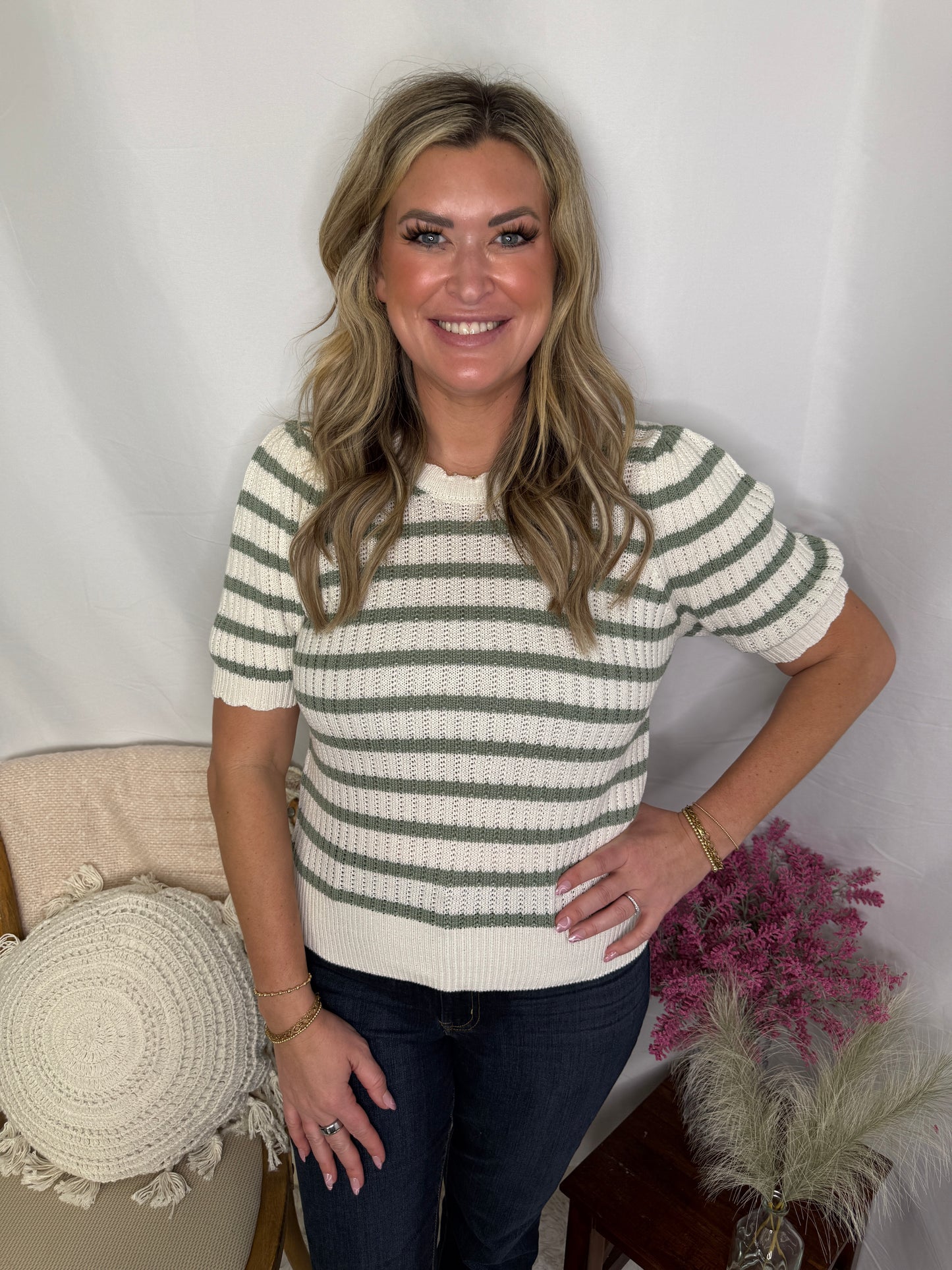 Striped Scalloped Puff Sleeve Knit Top