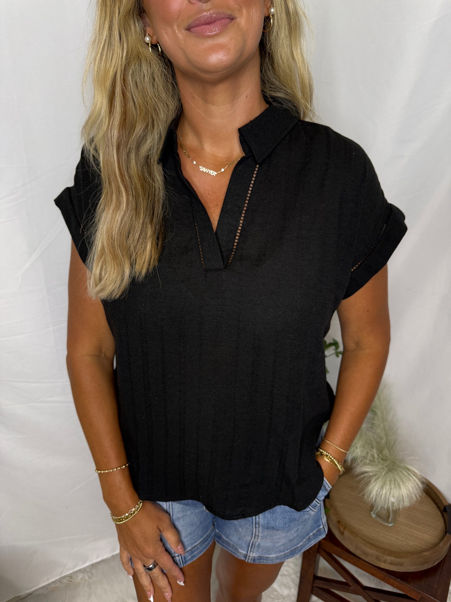 Classic Black Split-Neck Blouse