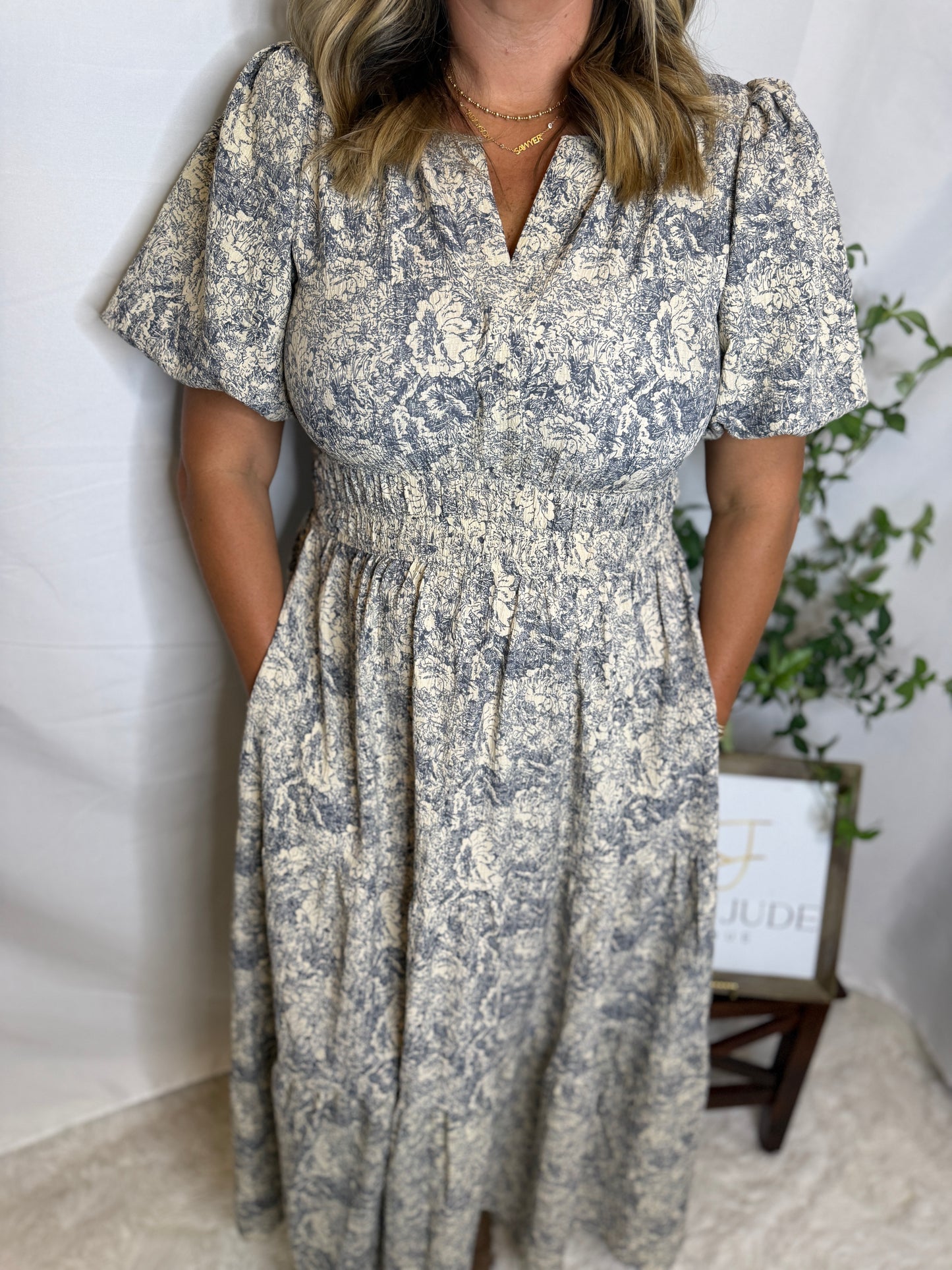 Blue Toile Smocked Midi Dress