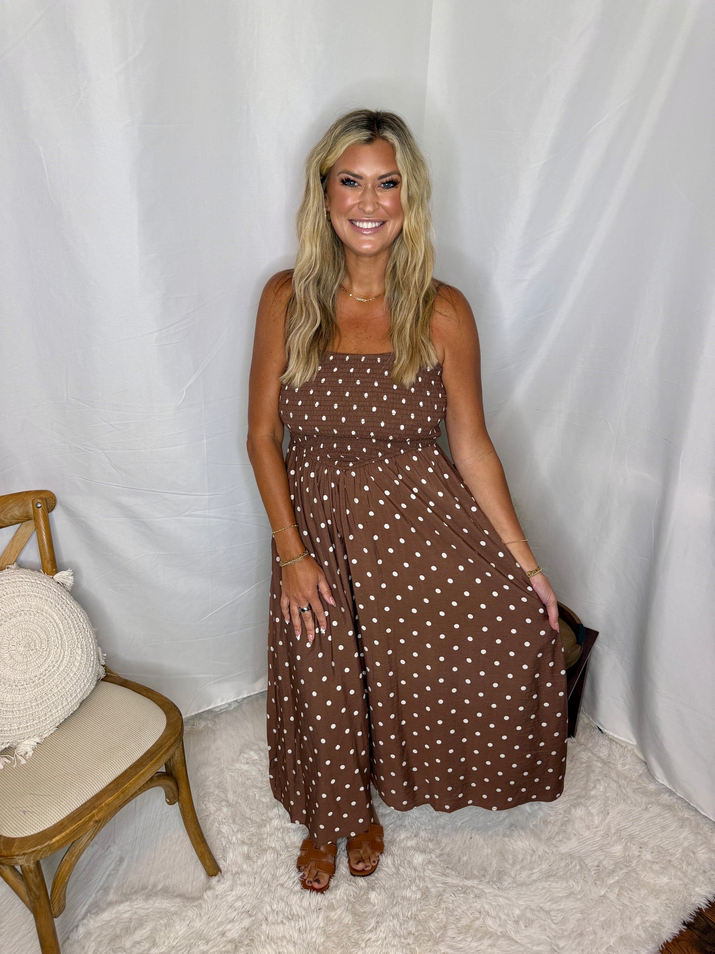 Polka Dot Smocked Waist Midi Dress