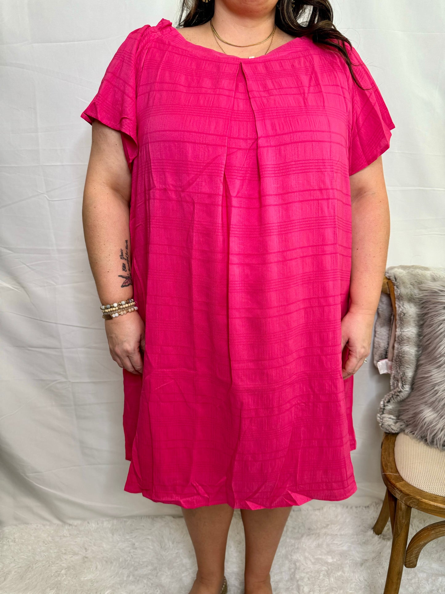 The Off the Shoulder Pleated Dress - Plus Size- Fuschia