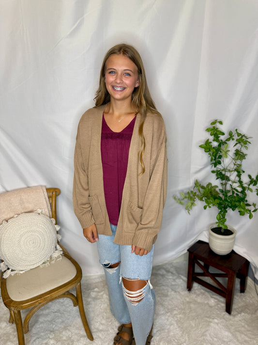 Oversized Open-Front Cardigan Sweater With Pockets