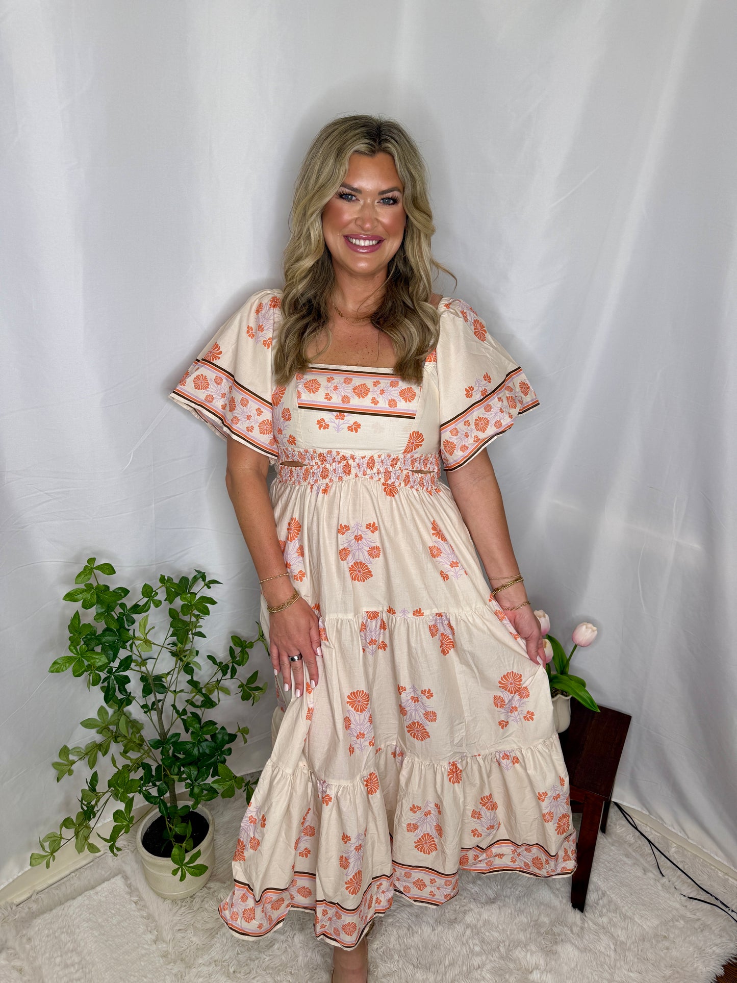 Coral Blossom Midi Dress