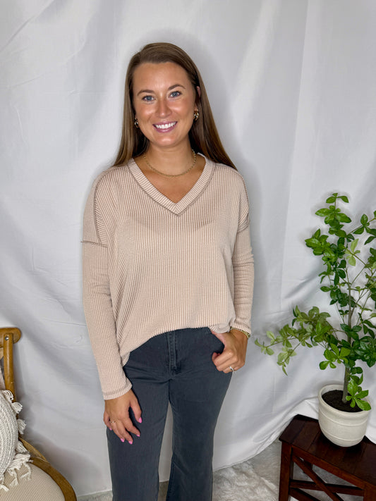 The Olivia Ribbed Long Sleeve V-neck Tee