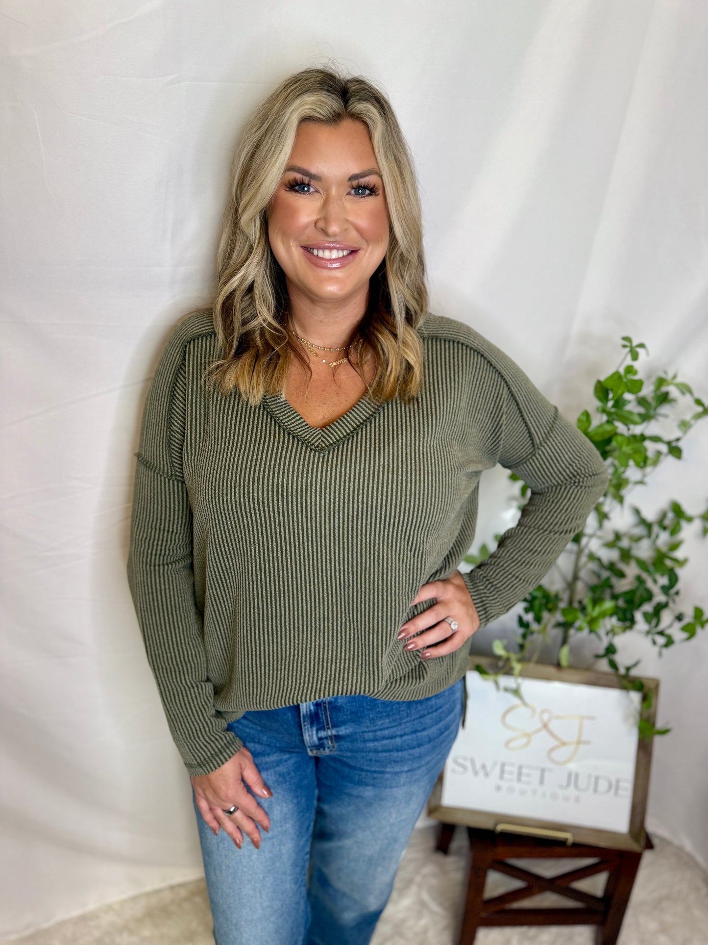 The Olivia Ribbed Long Sleeve V-neck Tee