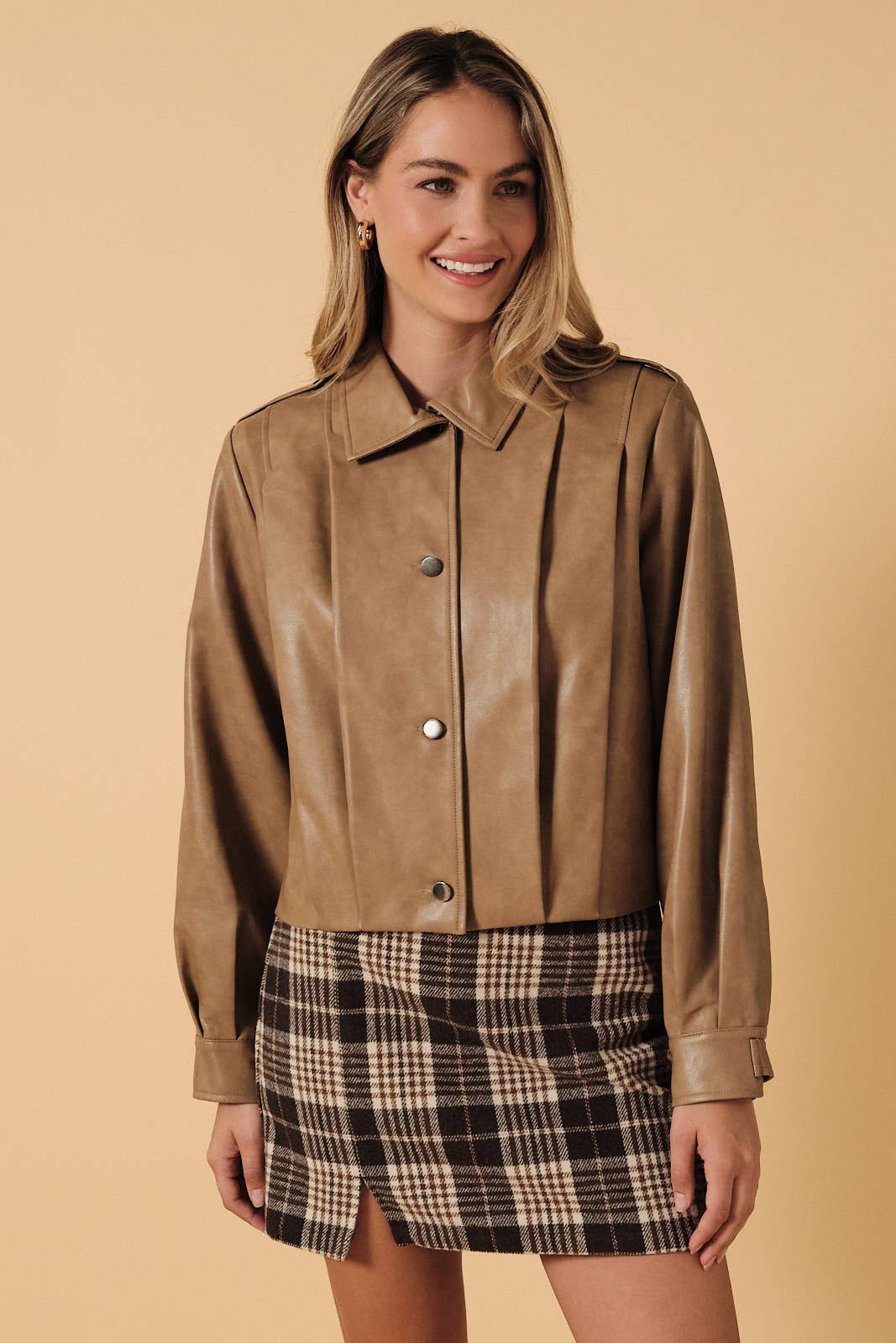 Pleated Leather Cropped Jacket